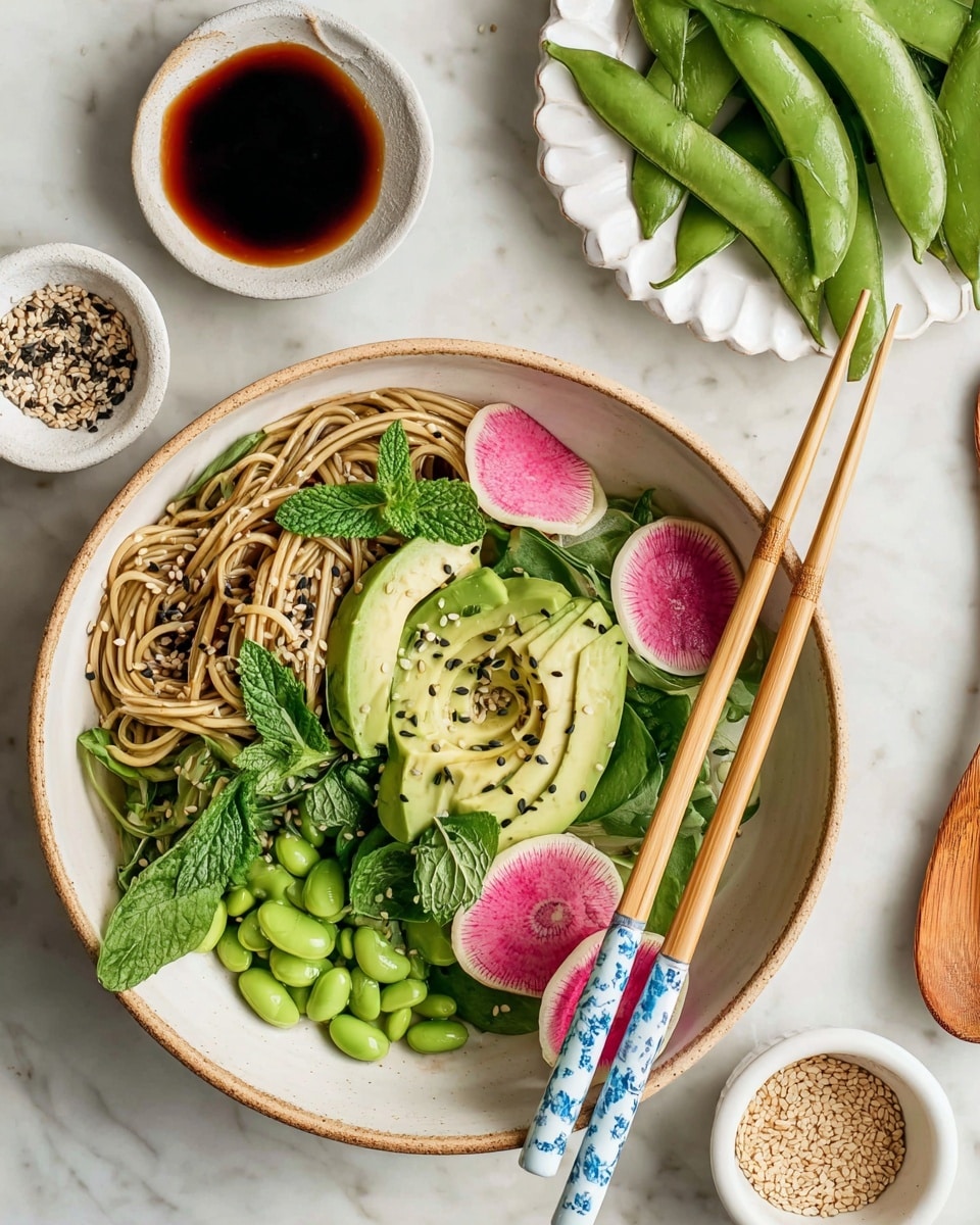 A white bowl with a beige rim holds a fresh noodle salad. The bottom layer consists of bright green snap peas and vibrant spinach leaves, topped with a nest of light brown noodles on the left side. On the right side, thin slices of creamy green avocado fan out beside round, pink-centered watermelon radish slices. Scattered edamame beans and fresh mint leaves add pops of green throughout, finished with a sprinkle of black and white sesame seeds across all layers. A pair of wooden chopsticks with light blue floral handles rest diagonally on the bowl's edge. Surrounding the bowl on a white marbled surface are small white dishes holding mixed sesame seeds, a dark soy-based dipping sauce with a wooden spoon, and a scalloped white plate filled with more bright green snap peas. photo taken with an iphone --ar 4:5 --v 7