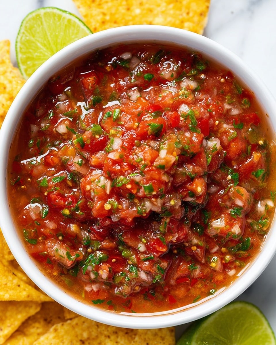 A white bowl filled with chunky salsa sits on a white marbled surface. The salsa has three main layers: a base of finely chopped red tomatoes mixed with small pieces of white onion, bright green chopped cilantro scattered evenly throughout, and a slightly watery texture that makes the salsa look juicy and fresh. The bowl is surrounded by yellow corn tortilla chips and two lime halves with a bright green color. The salsa's surface shows some seeds and bits of jalapeño peppers, giving it a vibrant and fresh look. photo taken with an iphone --ar 4:5 --v 7