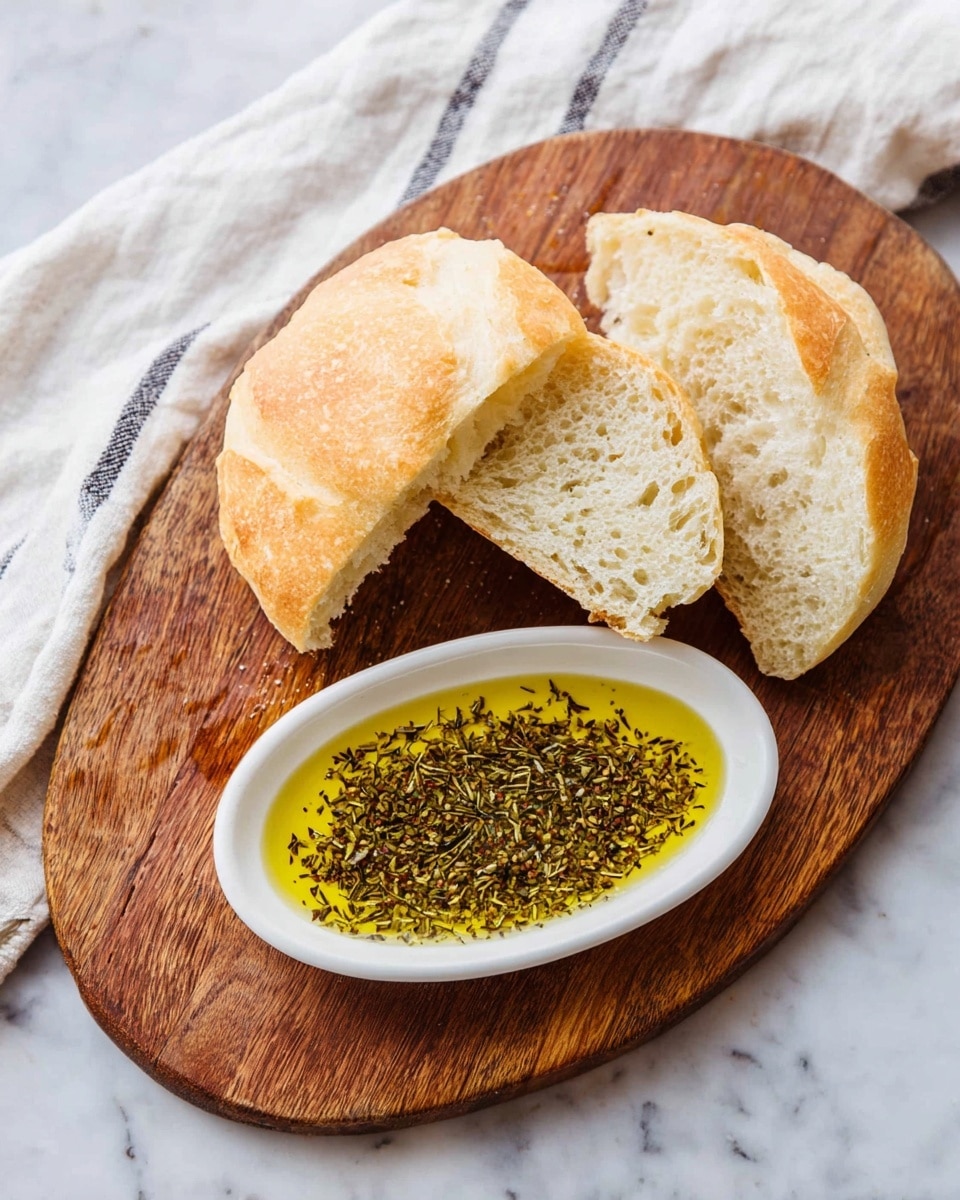 A round wooden cutting board holds a piece of light brown bread torn into three parts, showing its soft white inside texture. Next to the bread, there is a white oval dish filled with golden olive oil mixed with green and brown dried herbs. The background is a white marbled surface with a white cloth that has thin black stripes partially visible behind the board. The scene is simple and bright, highlighting the contrast between the bread, oil, and the wooden board. photo taken with an iphone --ar 4:5 --v 7