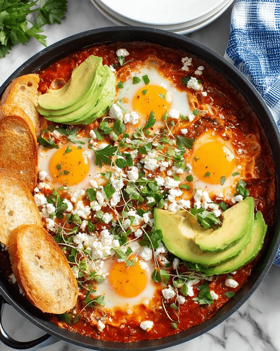 A cast iron pan filled with a shakshuka dish showing a rich red tomato sauce base, topped with three sunny-side-up eggs with bright yellow yolks, sprinkled with white crumbled cheese and fresh green cilantro leaves. On top, there are four slices of smooth, light green avocado arranged in small fan shapes. Around the edges, several slices of crusty light brown bread lean against the pan. The pan sits on a white marbled surface with a blue and white checkered cloth beneath its handle, and fresh green cilantro sprigs are placed nearby. Photo taken with an iphone --ar 4:5 --v 7
