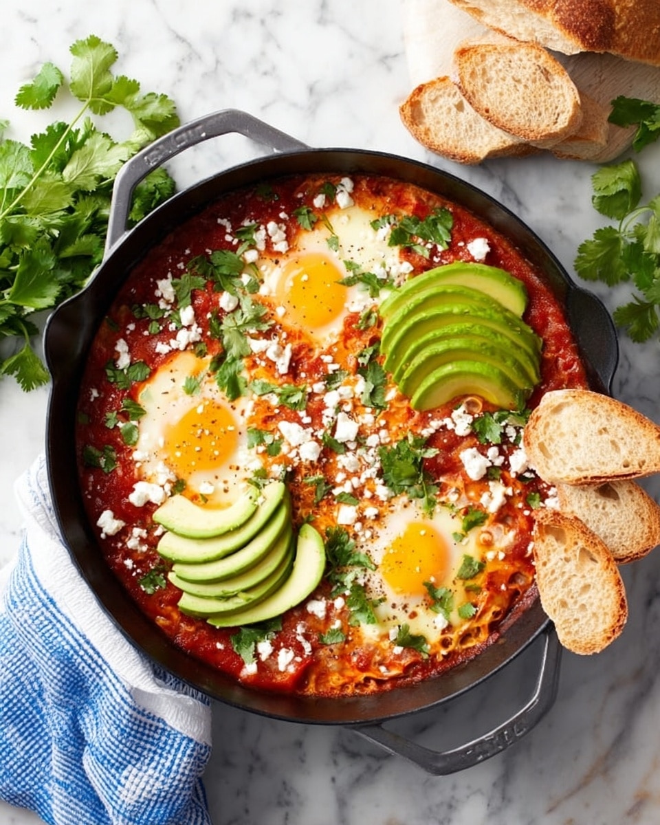 The dish is presented in a round black pan, filled with a red tomato-based sauce as the base layer. On top are three sunny-side-up eggs with bright yellow yolks and white edges evenly spaced inside the pan. Around the eggs, there are fresh green parsley leaves sprinkled all over. Slices of fresh avocado are placed in three sections on top of the sauce, adding a smooth light green layer. Crumbled white cheese is scattered throughout the dish, along with tiny green microgreens adding extra texture and color. On the side inside the pan, there are several pieces of toasted white bread with a crisp golden-brown crust. The background shows a white marbled surface with a white plate and a blue checked cloth nearby. Photo taken with an iphone --ar 4:5 --v 7