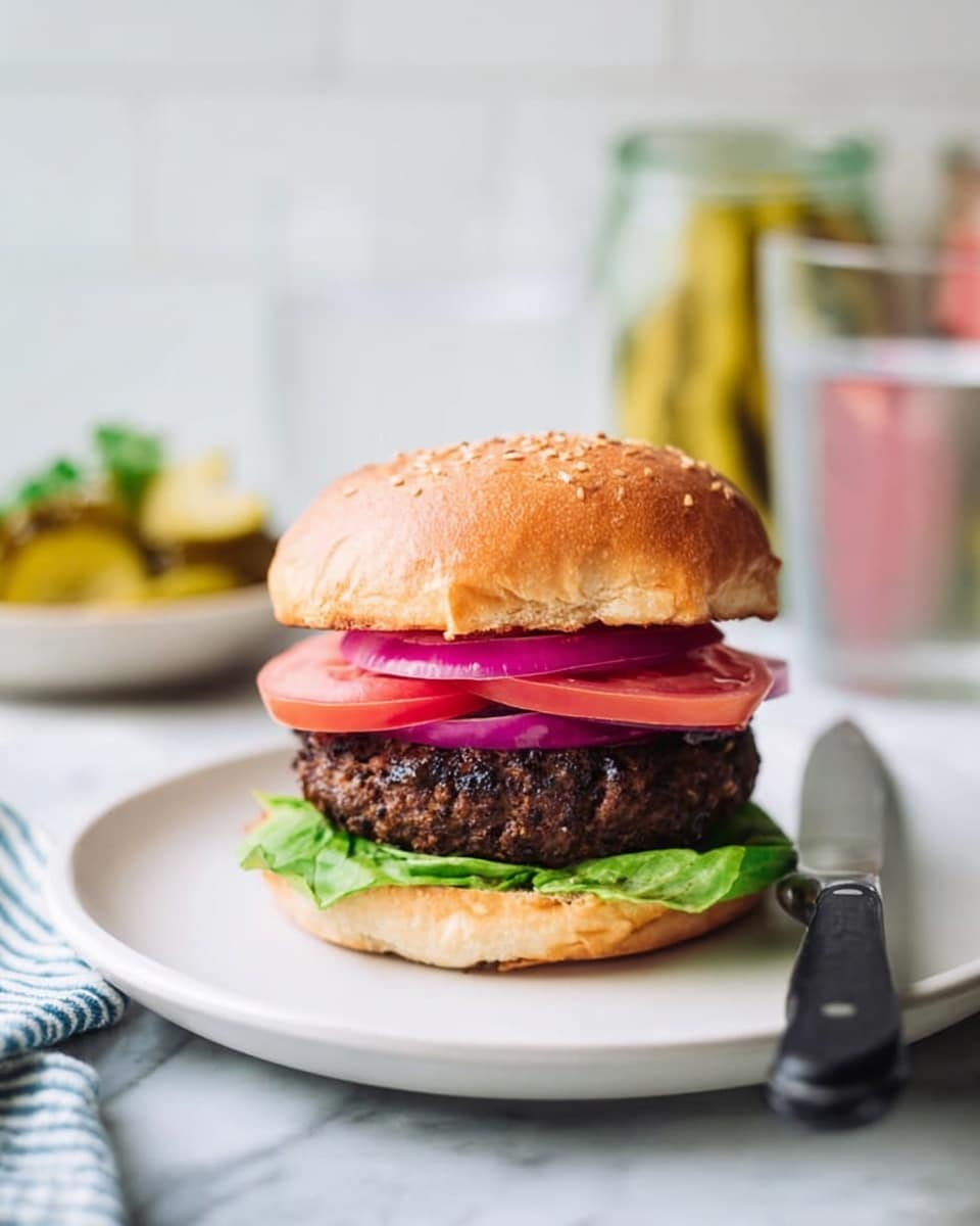 A white plate holds a layered hamburger placed on a white marbled surface. From bottom to top, the base is a soft sesame seed bun that has a smooth texture. Next is a layer of fresh green lettuce leaves, followed by a thick, dark brown textured patty. Above the patty are thin-napped slices of purple-red onion, then two round, bright red tomato slices. The top of the burger is crowned with a golden-brown sesame seed bun. To the right side of the plate is a knife with a black handle. In the blurred background, there is a glass of water and two jars with pickled vegetables. photo taken with an iphone --ar 4:5 --v 7