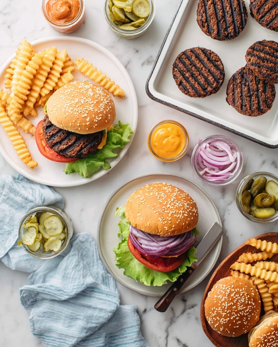 The image shows two grilled black bean veggie burgers on white plates; one burger is assembled with layers from bottom to top of a light golden sesame seed bun, a green leaf of lettuce, a bright red tomato slice, a thick dark brown grilled patty with visible black beans and grains, topped with purple onion rings, and the top bun slightly lifted. Next to each burger there are crinkle-cut golden fries. Above the burgers is a white tray holding three additional grilled patties with grill marks. There are small glass jars of pickles, red onions, and orange sauce spread around on a white marbled surface. A wooden plate holds more sesame seed buns and fries, and a light blue cloth is draped at the bottom left corner. A knife rests next to one burger plate near the center. Photo taken with an iphone --ar 4:5 --v 7