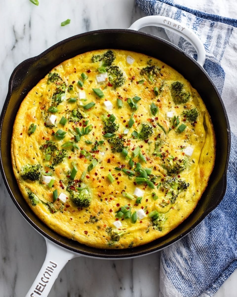 A bright yellow frittata fills a black cast iron skillet with a slightly golden crust around the edges, topped with scattered green broccolini florets, chopped green herbs, and small white crumbles of cheese, sprinkled lightly with red chili flakes. The skillet rests on a white marbled surface with a blue and white striped cloth under its white handle, next to a beige-handled knife with a rustic blade. Nearby are a white mug filled with light brown coffee with a spoon, a small round wooden bowl of salt, and a small white dish with red chili flakes. In the background, a stack of white plates with folded beige and gray cloth napkins and silver forks completes the scene. Photo taken with an iphone --ar 4:5 --v 7