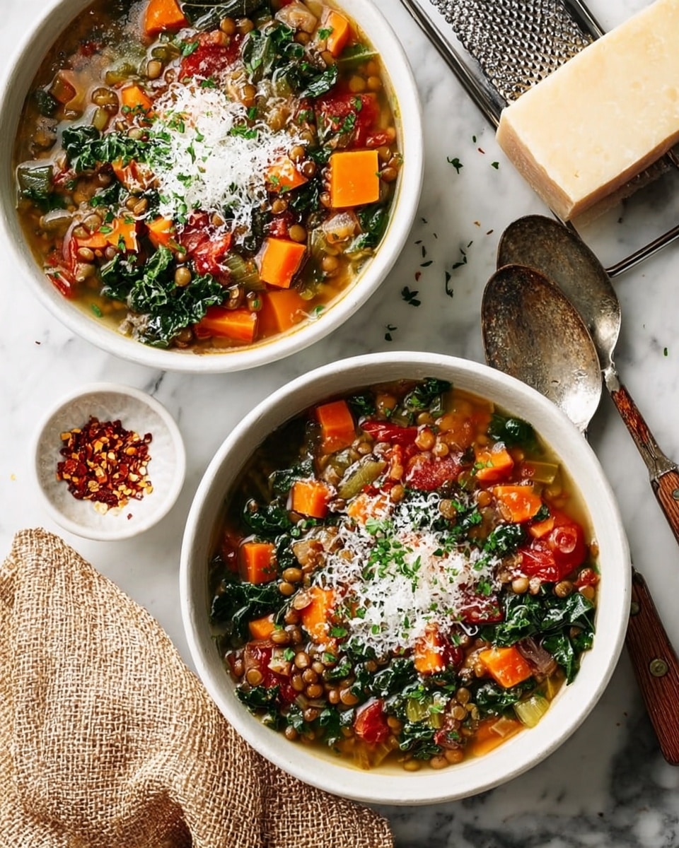 A white bowl filled with hearty vegetable lentil soup, showing a clear broth with layers of bright orange carrot chunks, red tomato pieces, light green celery slices, brown lentils, and dark green chopped kale scattered throughout. A silver spoon with a wooden handle rests inside the bowl on the left side, partially submerged in the soup. The bowl is set on a white marbled surface with a textured yellow cloth napkin nearby. Photo taken with an iphone --ar 4:5 --v 7