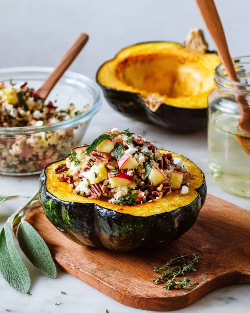 Stuffed Acorn Squash with Mushroom, Apple, Cranberry, and Pecan Filling Recipe