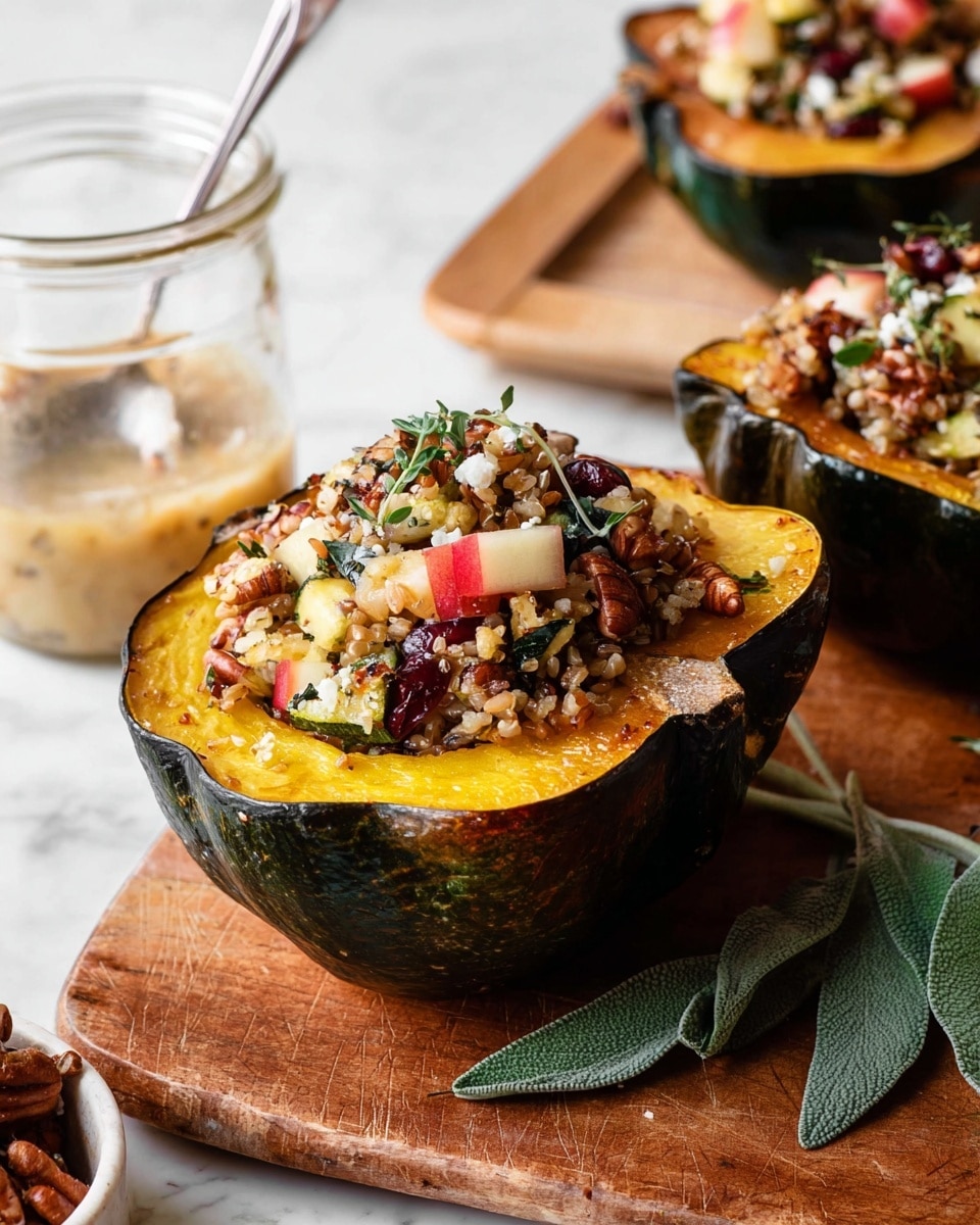 A roasted acorn squash half with a dark green outer skin and bright golden yellow inside, filled with a colorful stuffing made of chopped red apple pieces, green pumpkin seeds, brown pecans, mixed grains, white cheese crumbles, and small green herb leaves, sitting on a wooden board with two more roasted squash halves nearby, a glass jar with a spoon and light-colored sauce in the background, and a few fresh sage leaves placed on the wooden board, all against a white marbled texture background. photo taken with an iphone --ar 4:5 --v 7