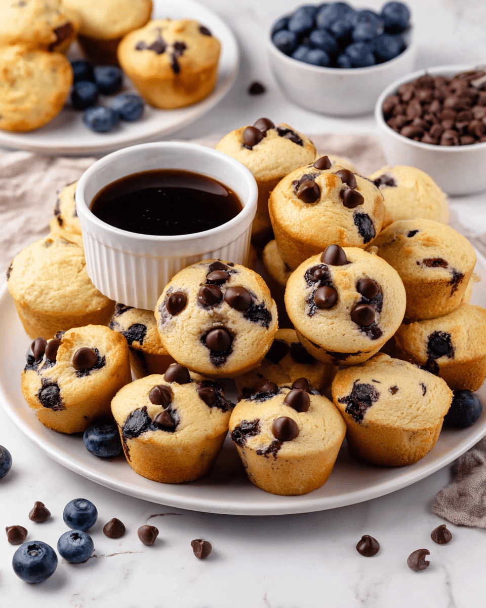 A white plate filled with many small muffins, some topped with dark chocolate chips and others studded with whole blueberries that are bursting through the light golden-baked tops. In the center of the plate, a small white ramekin holds a pool of dark syrup. The muffins have a soft, slightly textured surface, with some showing a gentle browning around their bases. In the background, there are scattered chocolate chips and a small white bowl filled with more chips, all set on a white marbled surface. Another white plate with more blueberry-studded muffins and fresh blueberries sits blurred in the background. photo taken with an iphone --ar 4:5 --v 7