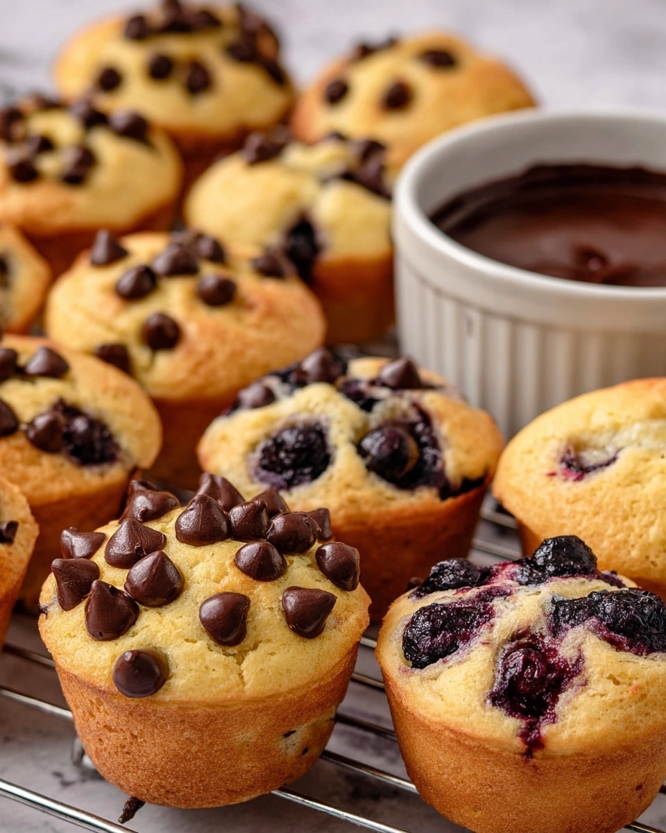 A close-up view of several mini muffins arranged on a wire rack over a white marbled texture. The muffins come in two main types: golden-brown with dark chocolate chips scattered generously on top, creating a textured, slightly glossy layer, and golden with large, deep purple blueberries embedded, some bursting and showing soft, juicy interiors. In the background, there is a white ramekin filled with smooth, dark chocolate sauce. The muffins and ramekin are well-lit, highlighting the soft, fluffy texture of the muffins and the rich colors of the toppings. photo taken with an iphone --ar 4:5 --v 7