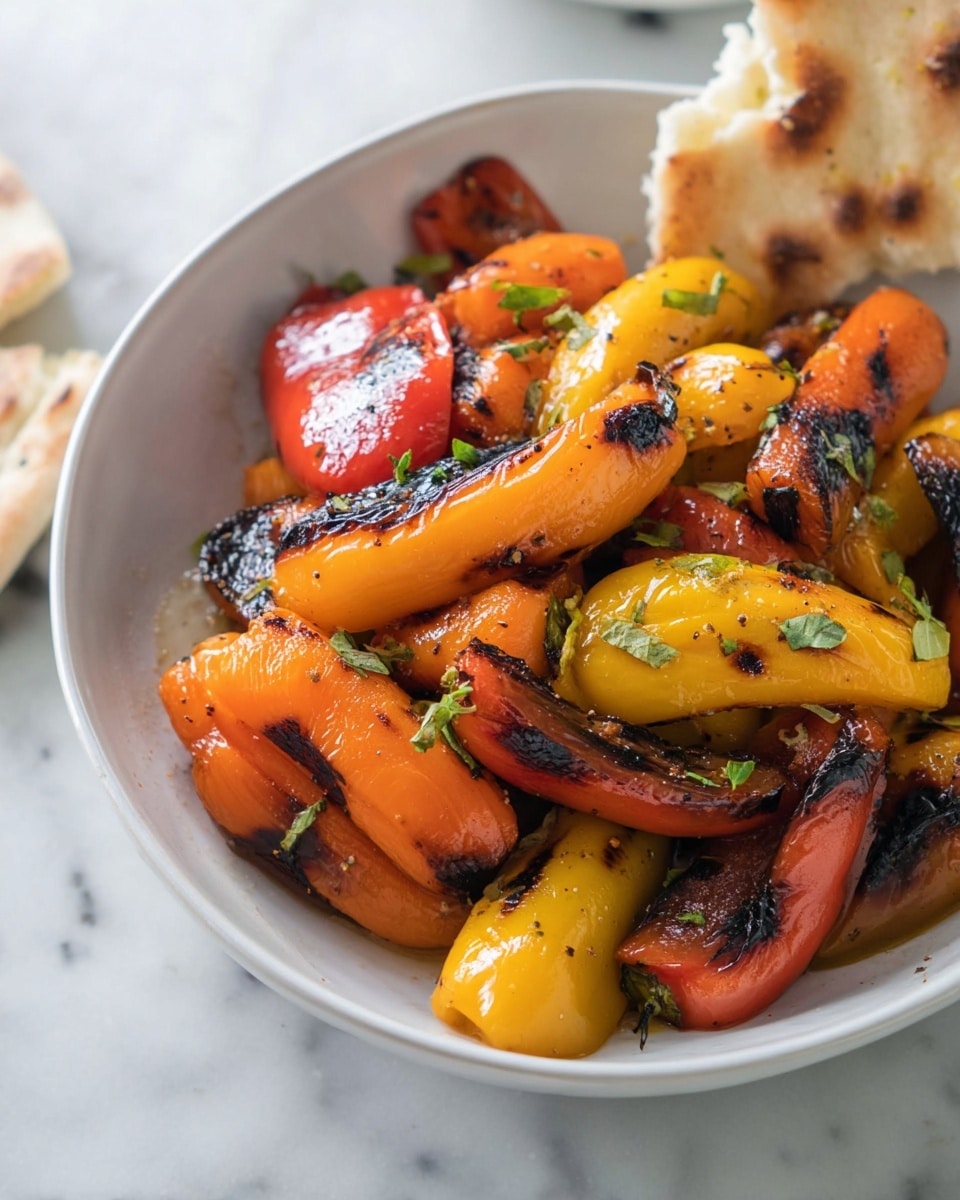 A white bowl filled with grilled mini bell peppers in three colors: bright yellow, orange, and red. Each pepper has dark char marks scattered across its shiny, slightly wrinkled skin. Small green herb leaves are sprinkled on top, adding a touch of freshness. The peppers are piled in a loose, natural way, showing their curved shapes and juicy texture. In the background, there is a piece of torn flatbread resting on the edge of the bowl. The bowl sits on a white marbled surface with soft natural light highlighting the colors and textures of the dish. photo taken with an iphone --ar 4:5 --v 7