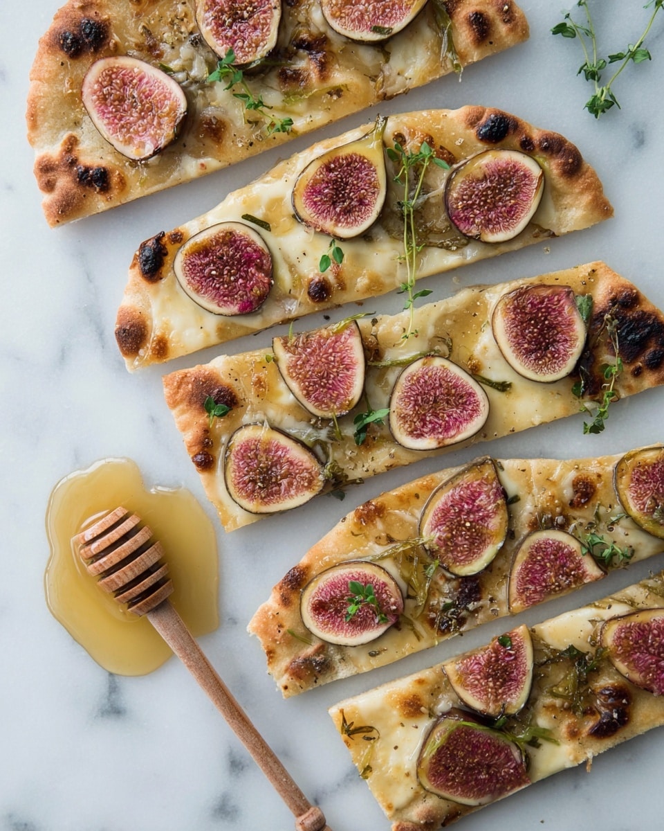 The image shows flatbread cut into long rectangular slices, each topped with melted pale yellow cheese and slices of fresh figs. The figs are cut into quarters or halves, showing a soft pinkish-red inside with tiny seeds, and dark purple skin. Small green herb leaves are scattered on the figs and cheese. To the side, there is a pool of honey with a wooden honey dipper resting on it. The flatbread looks golden brown with slightly charred spots. The background is a white marbled surface. photo taken with an iphone --ar 4:5 --v 7