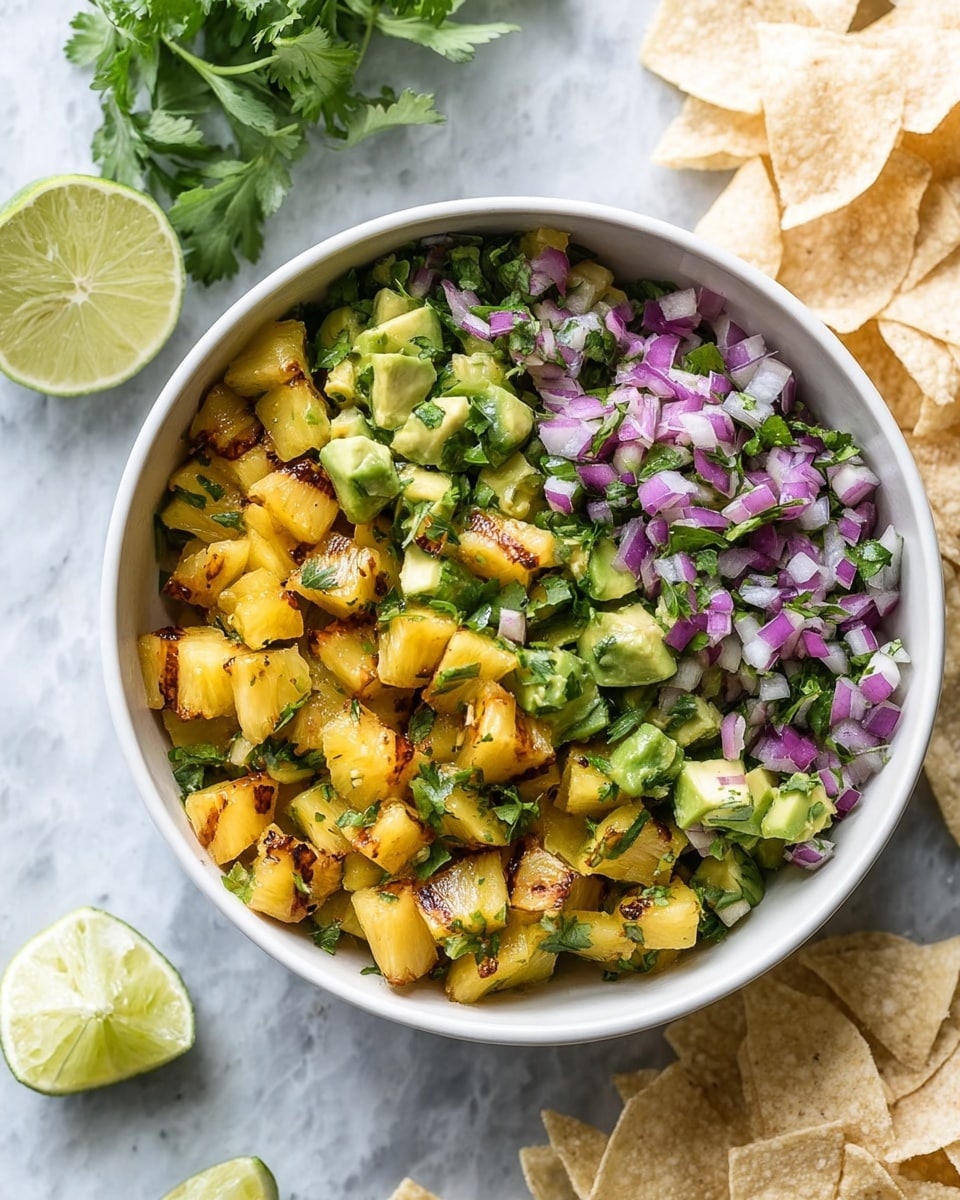 A white bowl filled with a colorful mixture of small chopped pieces, showing three main layers: the bottom layer is golden-brown grilled pineapple pieces with some char marks, the middle layer consists of green avocado chunks and chopped cilantro, and the top layer has small diced purple-red onions scattered evenly. On the left side of the bowl, there is a lime wedge and fresh cilantro sprigs adding a green touch. Around the bowl on the white marbled surface, there are broken white tortilla chips scattered loosely. The overall look is fresh, vibrant, and ready to eat, photo taken with an iphone --ar 4:5 --v 7