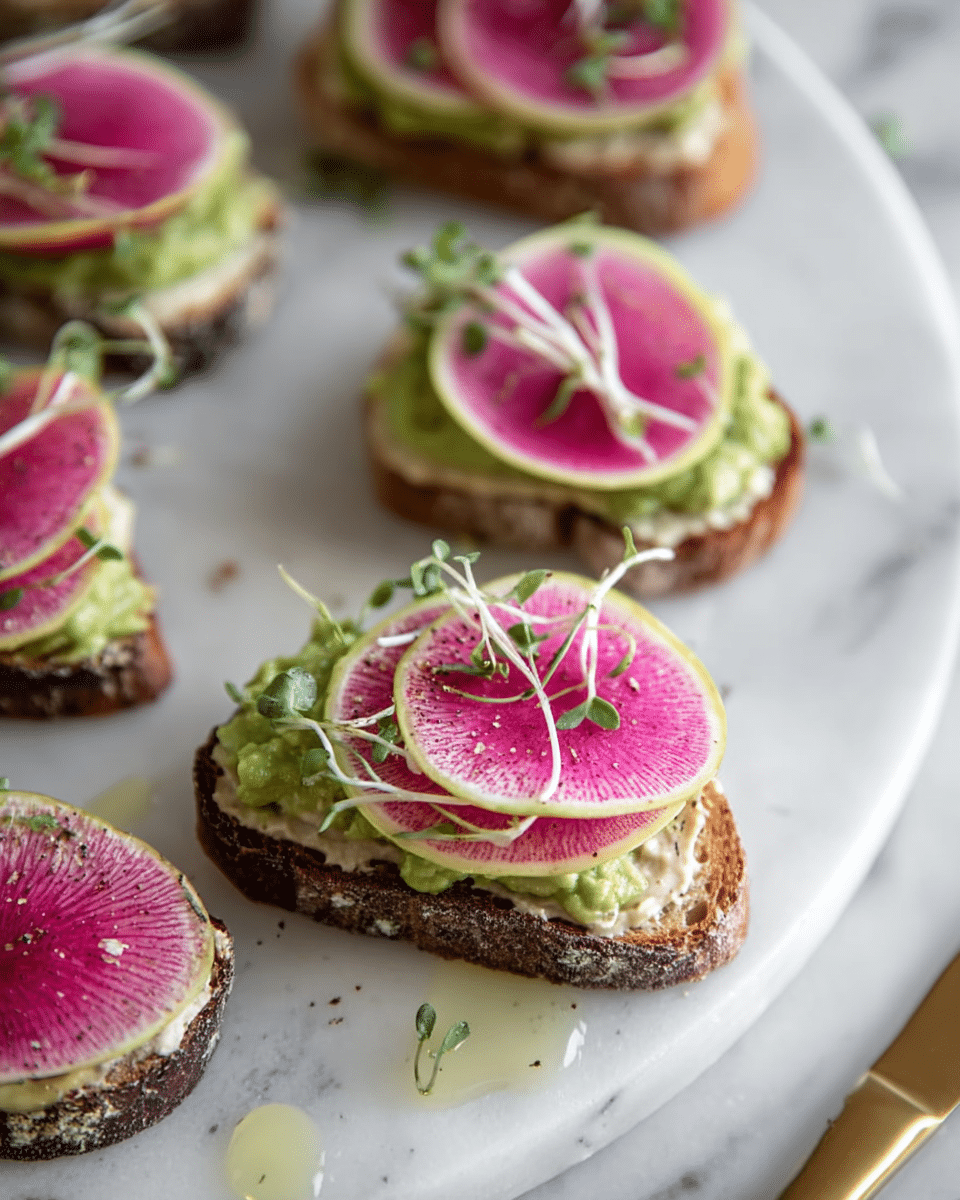 The image shows several small open-faced sandwiches on a round white plate with a white marbled background. Each sandwich has three visible layers: a bottom layer of dark brown toasted bread, a middle layer of creamy light beige spread, and a top layer of green avocado spread. On top of the avocado are one or two thin, round slices of pinkish purple watermelon radish with a white and light yellow edge. Small green sprout leaves and thin white sprout stems are scattered over the radish slices and plate. There are small drops of clear oil around the sandwiches, adding a slight shine. A shiny gold knife lies beside the plate. photo taken with an iphone --ar 4:5 --v 7