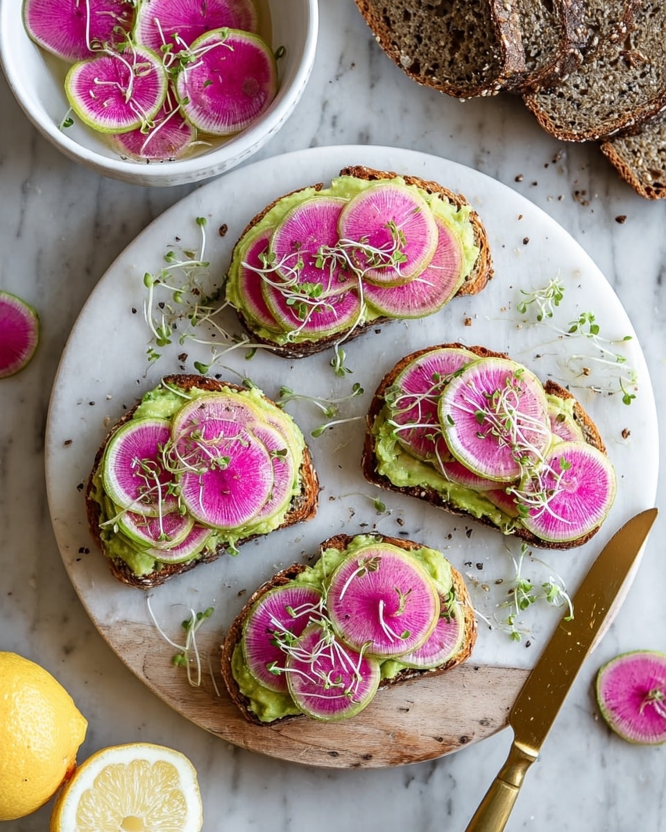 The image shows five pieces of toast on a round white marble board with wooden edges. Each toast has three layers: the bottom layer is dark brown toasted bread, the middle layer is a green spread, likely avocado, with a smooth texture, and the top layer has thin, round slices of bright pink radish with light green edges, slightly overlapping each other. The toast is sprinkled with small green sprouts and a light drizzle of oil. There is a white bowl filled with more radish slices at the top, slices of dark multigrain bread to the upper right, a lemon half at the bottom left, and some scattered sprouts on the white marbled surface. A golden knife lies on the right side of the marble board. The photo taken with an iphone --ar 4:5 --v 7