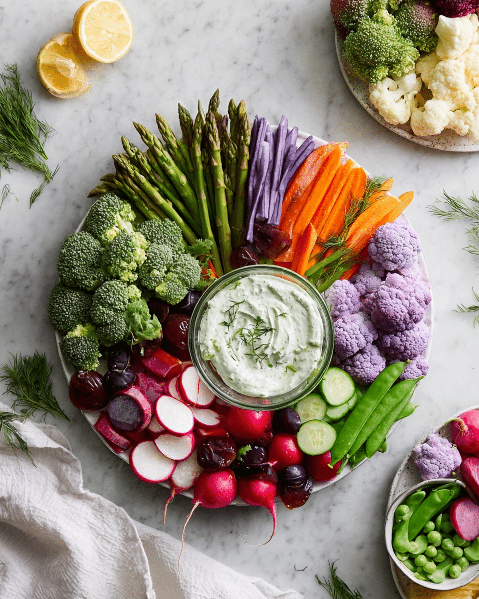 A large round white plate holds a colorful spread of fresh vegetables arranged in layered sections around a central glass bowl of creamy white herb dip topped with a sprig of green herbs. Starting from the bottom, there is a layer of sliced watermelon radishes and whole dark cherry tomatoes, next to a group of whole and halved red radishes. To the left, thin cucumber spears fan out beside the broccoli florets forming a thick green layer on the left side. Above the broccoli, a bundle of fresh green asparagus spears stand upright, and next to them are stacked long sticks of orange and purple carrots. On the right, bright green snow peas create a textured layer above the purple cauliflower clusters and thinly sliced round radishes. Surrounding the plate on the white marbled surface are lemon wedges and sprigs of fresh herbs, with a white cloth partially visible at the bottom left. Another smaller white plate in the top right corner holds more assortments of purple cauliflower, broccoli, snow peas, radishes, asparagus, and a small white bowl filled with the same creamy herb dip garnished with a sprig of dill. Photo taken with an iphone --ar 4:5 --v 7