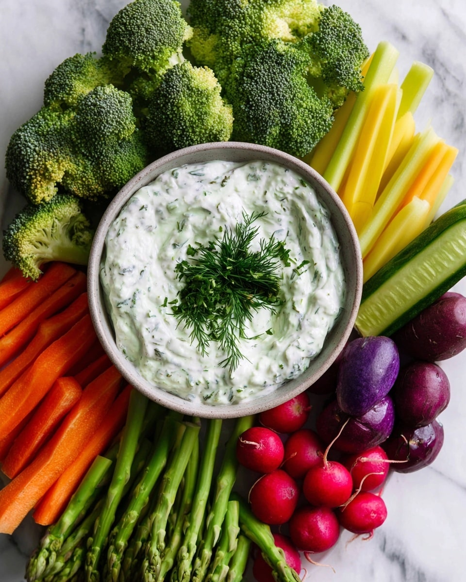 A bowl filled with creamy white dip with green herb specks is placed in the center, topped with a small bunch of green parsley and dill. Surrounding the bowl, starting from the top left corner and moving clockwise, are bright green broccoli florets, a bundle of green asparagus spears, thin sticks of yellow, orange, and purple carrots, purple cauliflower, small dark brown tomatoes, red radishes with some sliced to show their white inside, and long green cucumber sticks. The plate is white and all the food is set on a surface with a white marbled texture. Photo taken with an iphone --ar 4:5 --v 7