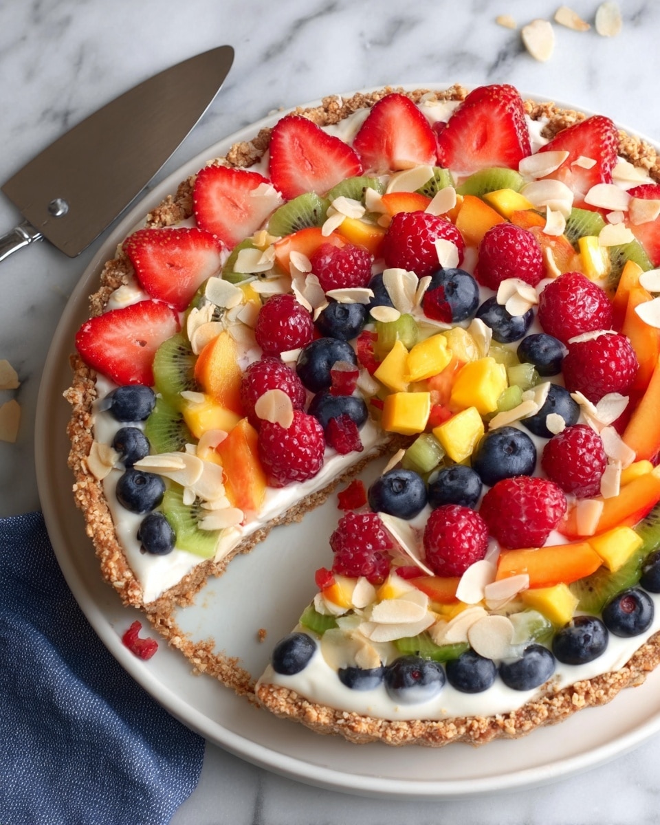 The image shows a fruit tart with three visible layers arranged in a circular form on a white plate. The bottom crust is light brown and crumbly, forming the base and edges. Above the crust is a smooth, white creamy layer that fills the tart evenly. The top layer is decorated with neatly arranged fresh fruits: a ring of sliced red strawberries along the outer edge, followed inside by a circle of dark blue blueberries, then a mix of red raspberries, green kiwi slices, thin orange peach slices, and a small pile of bright yellow diced mango in the center. Some thin, toasted almond flakes are scattered over all the fruit, adding texture. The tart sits on a white marbled surface with a silver cake server partly visible to the side. photo taken with an iphone --ar 4:5 --v 7