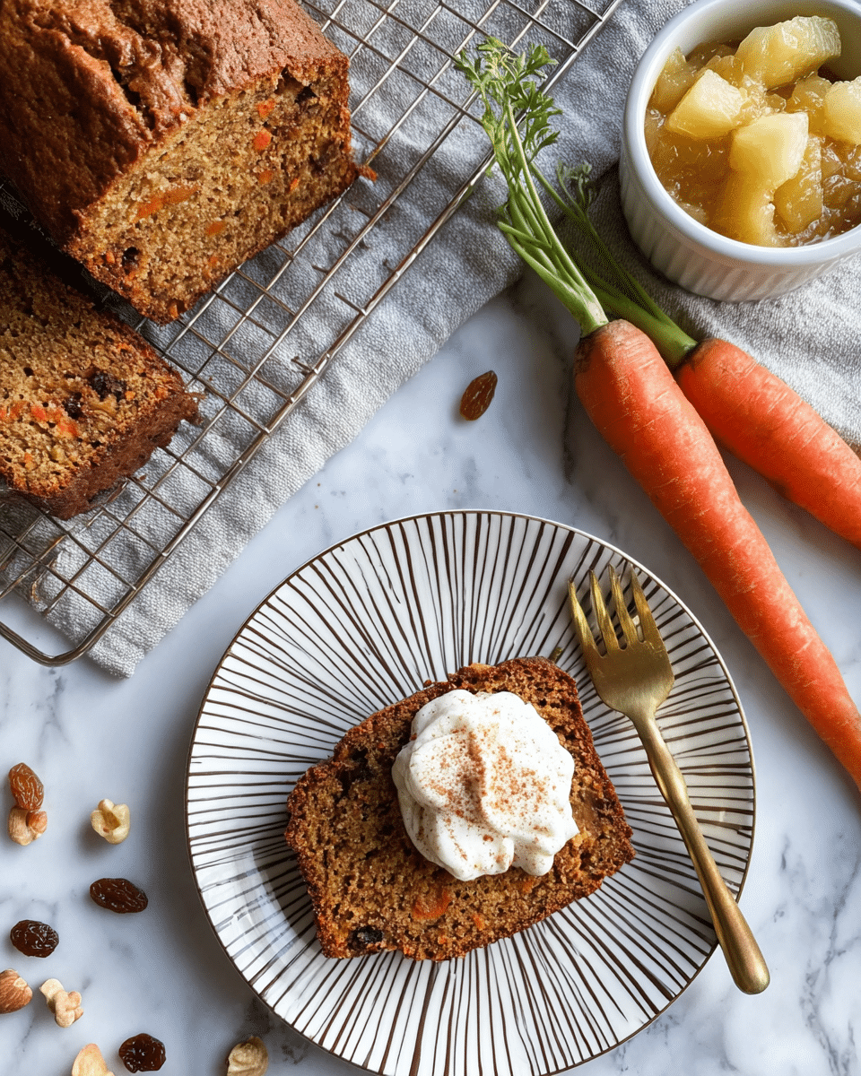 A slice of carrot cake bread with visible raisins and carrot bits is placed on a white plate with dark brown streak designs radiating from the center. The slice is topped with a dollop of white whipped cream sprinkled lightly with brown cinnamon powder. The plate also holds a gold fork resting on the right side beside the slice. In the background, a cooling rack holds the remaining loaf of carrot cake bread with a warm brown crust. Two fresh orange carrots with green tops lie on a light grey cloth next to a white bowl filled with chunky pineapple sauce. The whole scene rests on a white marbled surface with scattered raisins and nut pieces around. photo taken with an iphone --ar 4:5 --v 7