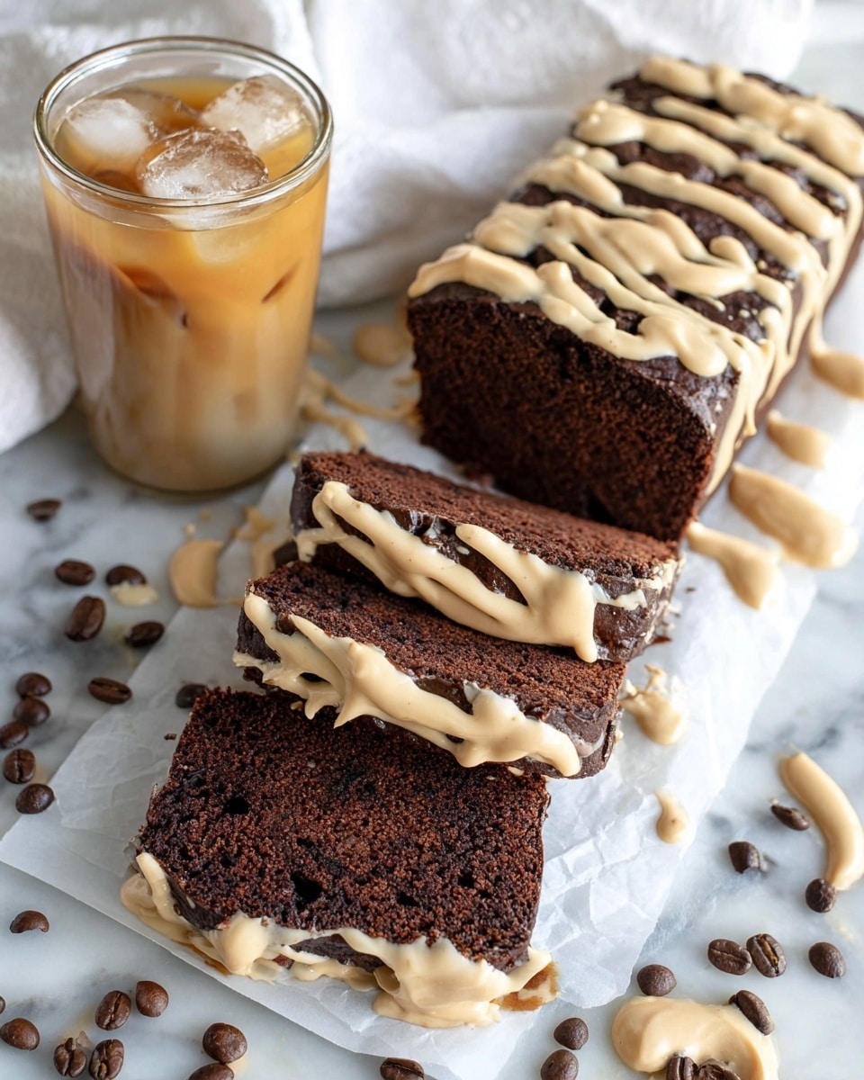A dark brown chocolate loaf cake is sliced into four pieces on white parchment paper, with creamy light tan frosting spread thickly between each slice and drizzled over the top in uneven lines, creating a textured look. The cake has a moist, dense texture with visible chocolate bits inside. Nearby, there is a glass of iced coffee with milk, filled with ice cubes. Scattered around the cake and glass are whole dark brown coffee beans and smears of the same light tan frosting. All items are placed on a white marbled surface with a soft white cloth partially visible in the background. Photo taken with an iphone --ar 4:5 --v 7