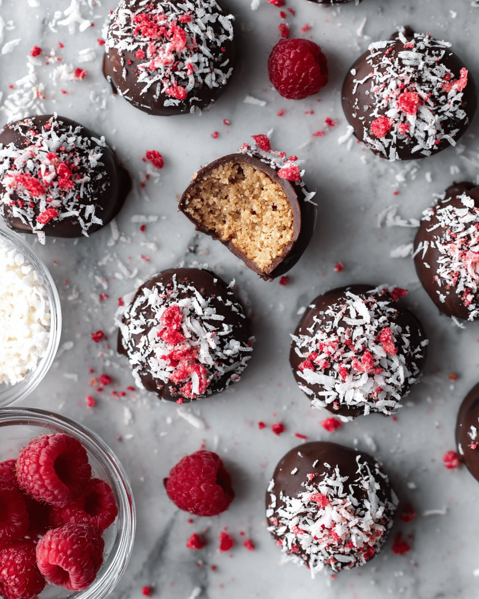 The image shows a group of round chocolate-covered treats arranged on a white marbled surface. Each treat has a smooth, dark chocolate outer layer topped with white shredded coconut and bright red crushed bits, giving a textured look. One treat is bitten, revealing a light brown, crumbly inside layer with a slightly rough texture. Scattered around the treats are whole and broken freeze-dried raspberries, adding bright red contrast to the scene. In the corner, a clear glass bowl filled with white shredded coconut is partially visible. photo taken with an iphone --ar 4:5 --v 7