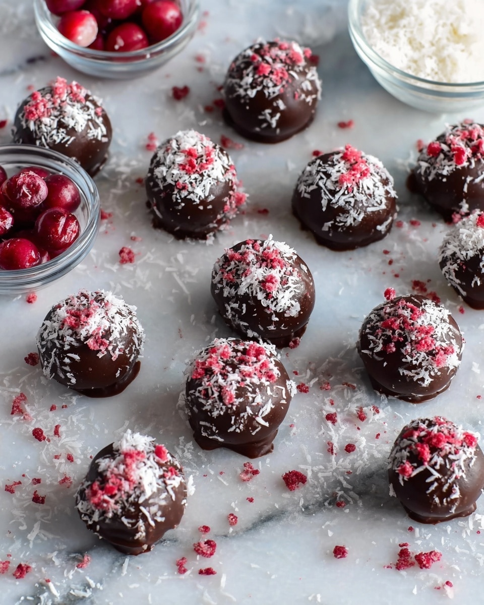Round chocolate balls are placed on a white marbled surface in a scattered pattern. Each ball is covered in a smooth, dark brown chocolate layer and topped with a mix of white shredded coconut and small red berry crumbs. Some chocolate is slightly melted around the base of a few balls, creating a glossy texture. Around the edges, there are clear glass bowls, one filled with white shredded coconut and another with whole red berries. The overall look is colorful with dark brown, white, and red tones on a soft light background. Photo taken with an iphone --ar 4:5 --v 7