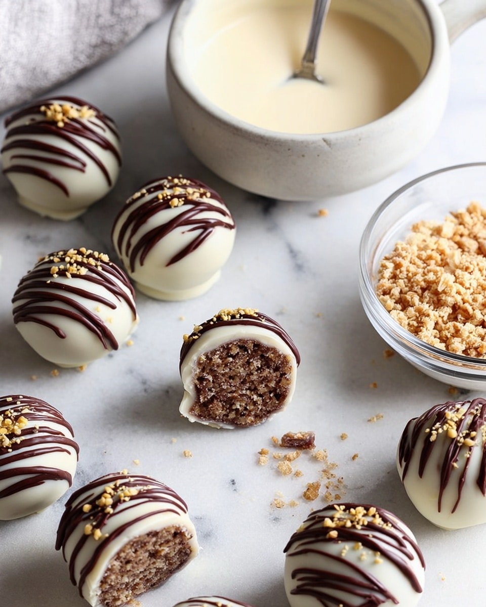 The image shows several round chocolate-covered treats arranged on a white marbled surface. Each treat has two main layers: a smooth, dark brown chocolate base and a top layer of white chocolate drizzled in thin lines. Some treats have the white chocolate as the base and are drizzled with dark chocolate lines. Small golden sprinkles are scattered on top of all the treats, adding a touch of color and texture. The chocolate drips and splatters give a casual, handmade look to the arrangement. photo taken with an iphone --ar 4:5 --v 7