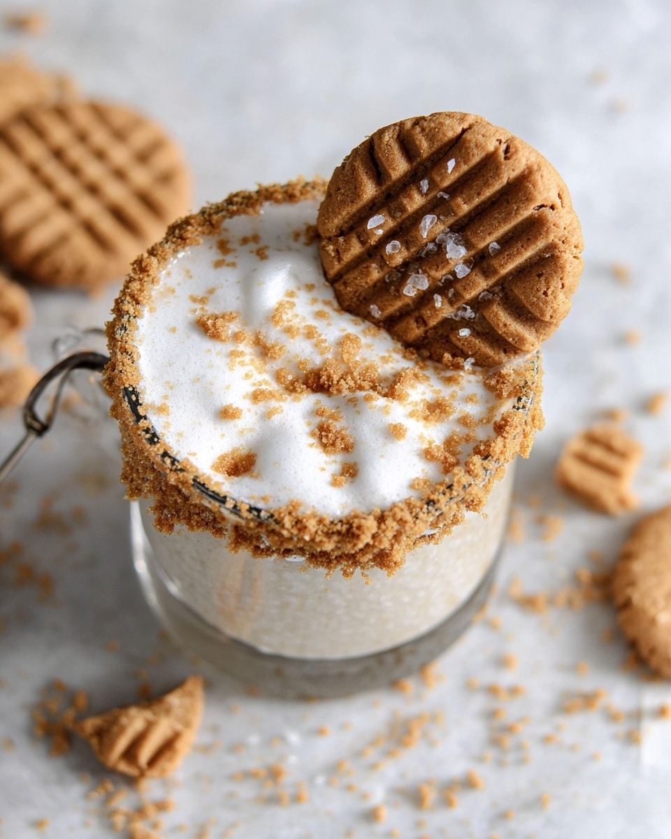 The image shows a clear glass mug filled with three visible layers: a dark brown coffee base at the bottom, a thin white cream or milk layer in the middle, and a thick foamy light brown layer with bubbles on top. The rim of the mug is coated with caramel and crushed cookie crumbs, matching the crumbly texture of the whole cookie balanced on the edge of the mug. More whole cookies and cookie crumbs are scattered on the white marbled surface below, adding a cozy, inviting look. Photo taken with an iphone --ar 4:5 --v 7