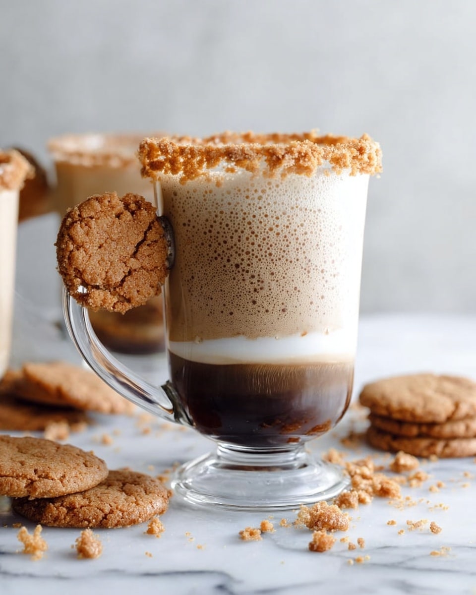 A clear glass mug filled with white foamy milk topped with small brown cookie crumbs inside, the rim is coated with a layer of crushed brown crumbs, resting on top of the mug is a round, light brown peanut butter cookie with a crosshatch pattern and a sprinkle of salt crystals. The background is a white marbled texture with several more small cookies and crumbs scattered around. photo taken with an iphone --ar 4:5 --v 7
