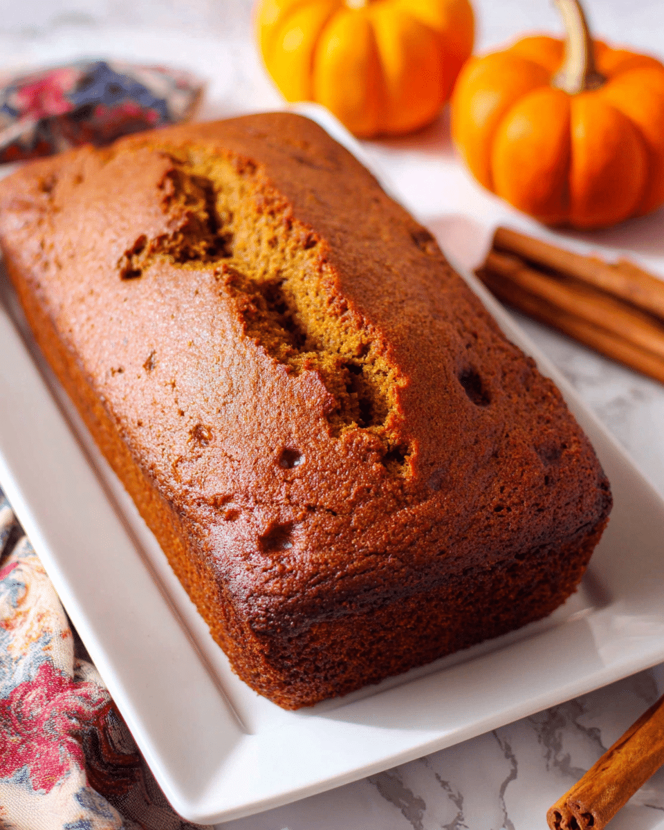 The image shows a thick, freshly baked loaf of pumpkin bread resting on a white rectangular plate. The loaf has a golden brown crust with a deep crack running along the top center, revealing its moist and dense texture inside. The surface is slightly rough with small baked uneven spots that show its homemade nature. Surrounding the plate are cinnamon sticks to the right and two small pumpkins in the blurred background on a white marbled surface, adding a cozy, fall vibe. Near the bottom left, a colorful cloth is partially visible around the edge of the image. Photo taken with an iphone --ar 4:5 --v 7