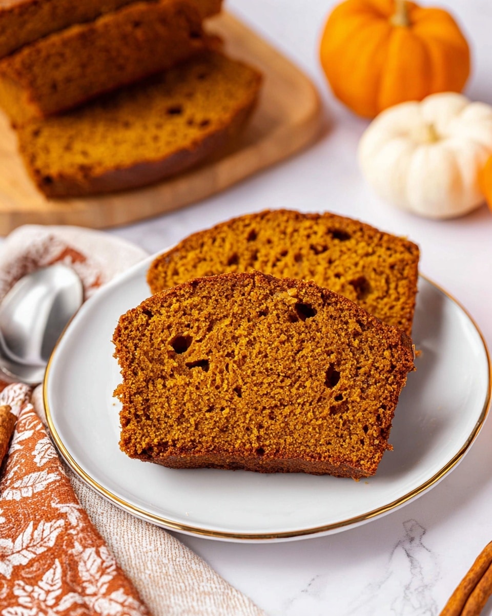 Two slices of pumpkin bread sit on a white plate with a thin gold rim, showing a moist, textured crumb with a deep orange-brown color. The front slice is fully visible, with small, uneven holes and a slightly darker crust around the edges, while the second slice lies behind it, partially hidden. Around the plate, there is a silver spoon on one side, a small pumpkin and cinnamon sticks on the white marbled surface, and a soft, patterned cloth in warm shades, adding a cozy feel. In the background, a wooden board holds more pumpkin bread, all set against a bright white marbled texture photo taken with an iphone --ar 4:5 --v 7