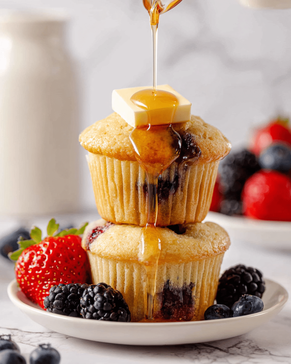 Two light golden muffins are stacked on a white plate with a few fresh berries around them, including strawberries, blackberries, and blueberries. The bottom muffin has visible dark blueberry spots inside, while the top muffin is plain. A square of pale butter sits on top of the upper muffin, and golden syrup is being poured over it, dripping down both muffins and pooling on the plate. The background has a white marbled texture with blurred berries and a white container visible. Photo taken with an iphone --ar 4:5 --v 7
