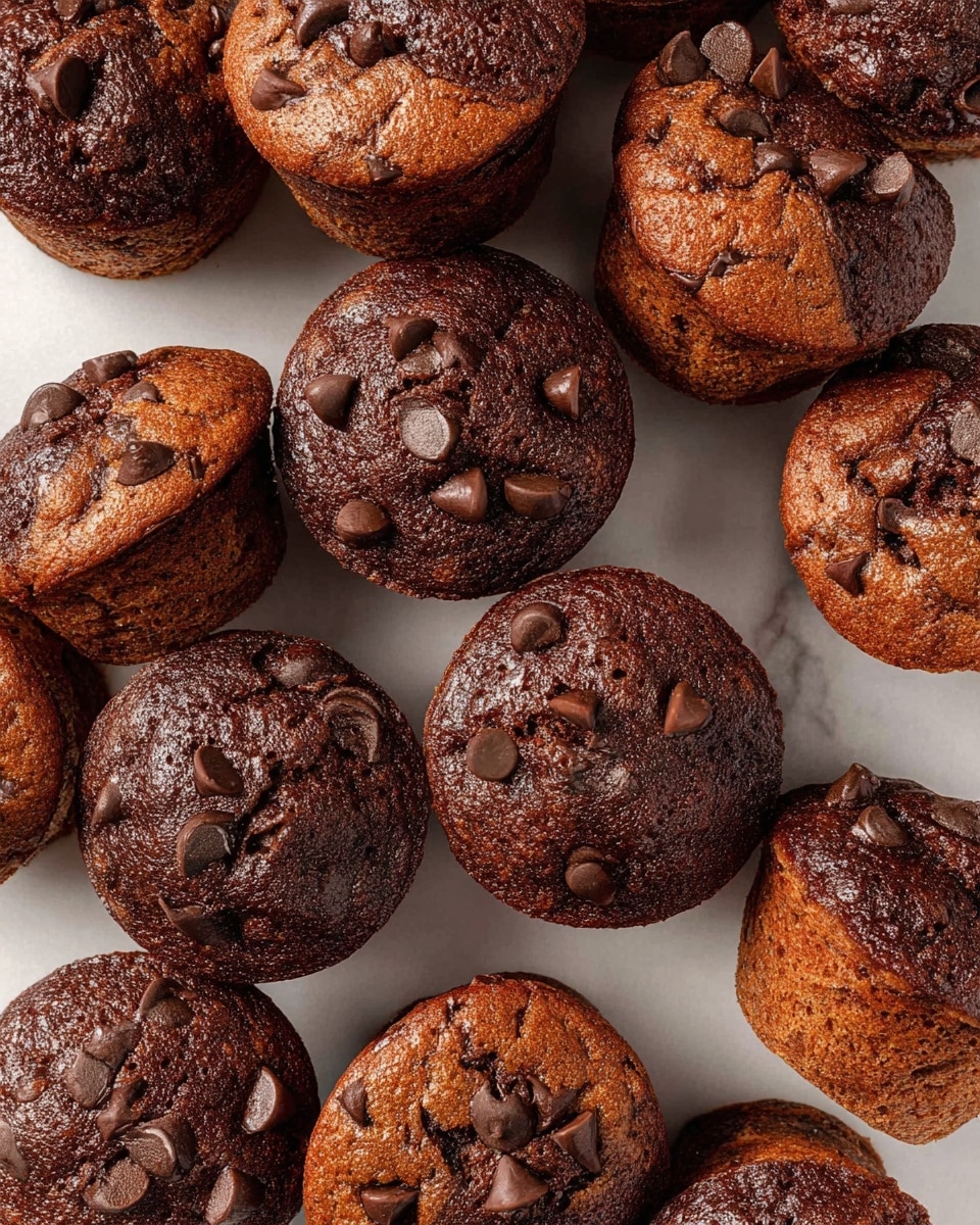A white bowl filled with many small, dark brown chocolate mini muffins with a slightly shiny, moist surface. Each muffin has a round top sprinkled with a few small, smooth chocolate chips. One muffin is cut in half, showing its soft, textured interior with tiny air holes and dark spots of melted chocolate inside. The muffins are close together, creating a cozy pile on a white marbled surface. photo taken with an iphone --ar 4:5 --v 7