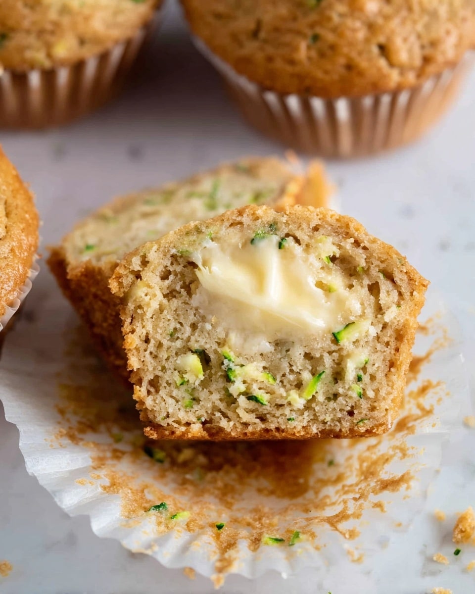 A close-up shot of a light brown zucchini muffin cut in half, revealing a soft, moist interior flecked with small green zucchini pieces. The top layer is spread with a creamy, pale yellow butter melting slightly into the muffin. The muffin sits on a white paper liner with some crumbs scattered around. In the background, there are whole muffins with golden brown tops visible. The image is set on a white marbled surface. photo taken with an iphone --ar 4:5 --v 7