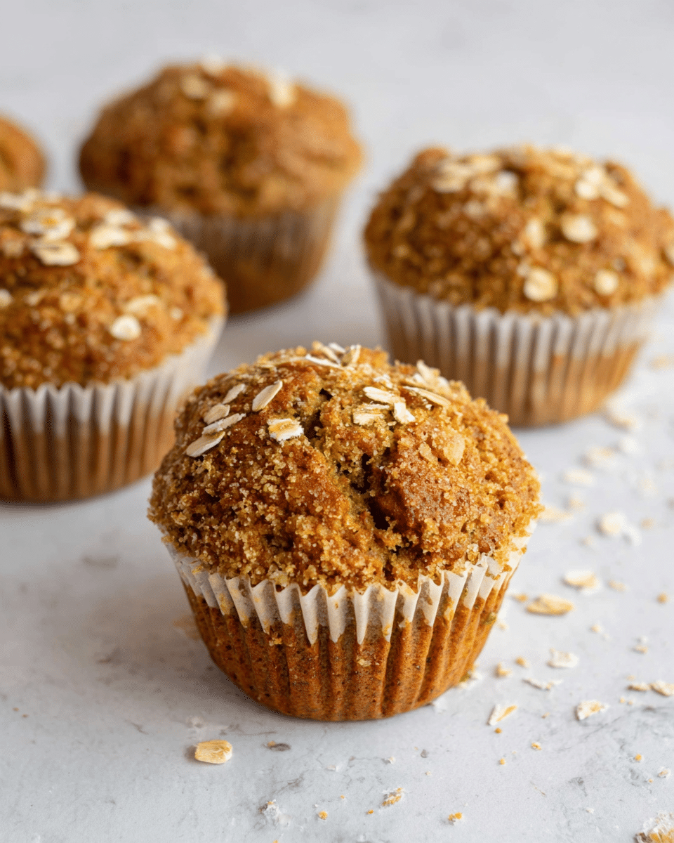 The image shows five brown muffins with rough, crumbly tops sprinkled with rolled oats. The muffins are in white paper liners, some plain white and some darker but edited to white, with soft cracks and a moist texture visible. They are placed on a white marbled surface scattered with small crumb pieces. The focus is on the muffin in the front center, showing its golden brown color and oats clearly, while the others blur softly in the background. photo taken with an iphone --ar 4:5 --v 7