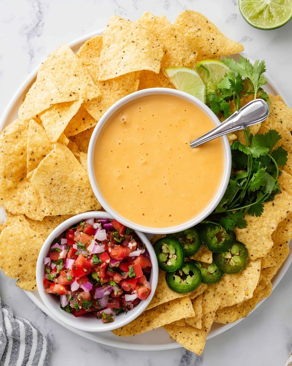 A white round plate filled with many light yellow tortilla chips with a rough texture, surrounding two small white bowls at the center; the larger bowl holds smooth, creamy orange cheese sauce with a silver spoon, and the smaller bowl contains chunky salsa made of red tomatoes, green peppers, and bits of purple onion; fresh green cilantro leaves are placed around the bowls and chips, with sliced green jalapeño peppers near the bottom right and a lime wedge at the top, all set on a white marbled surface photo taken with an iphone --ar 4:5 --v 7