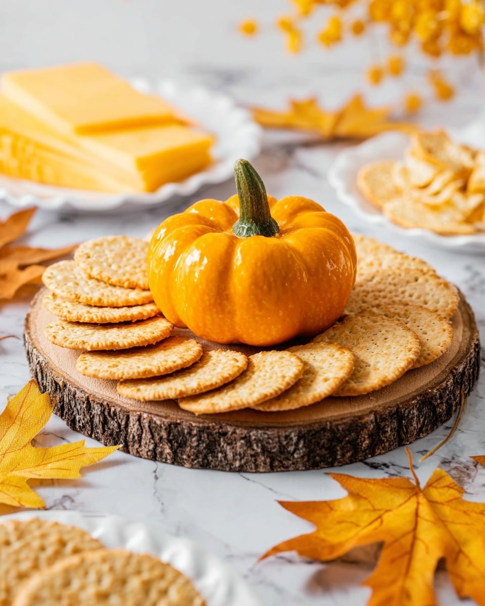 A small yellow pumpkin is hollowed out and filled with a creamy, light beige cheese spread, with visible herbs inside; the pumpkin has a smooth and slightly shiny skin with a green stem on top. Surrounding the pumpkin is a single layer of round, golden brown crackers with a slightly rough texture and small holes in the center. The setup is placed on a white marbled surface. In the background, there are blurred colorful autumn leaves in shades of yellow, orange, and brown. photo taken with an iphone --ar 4:5 --v 7