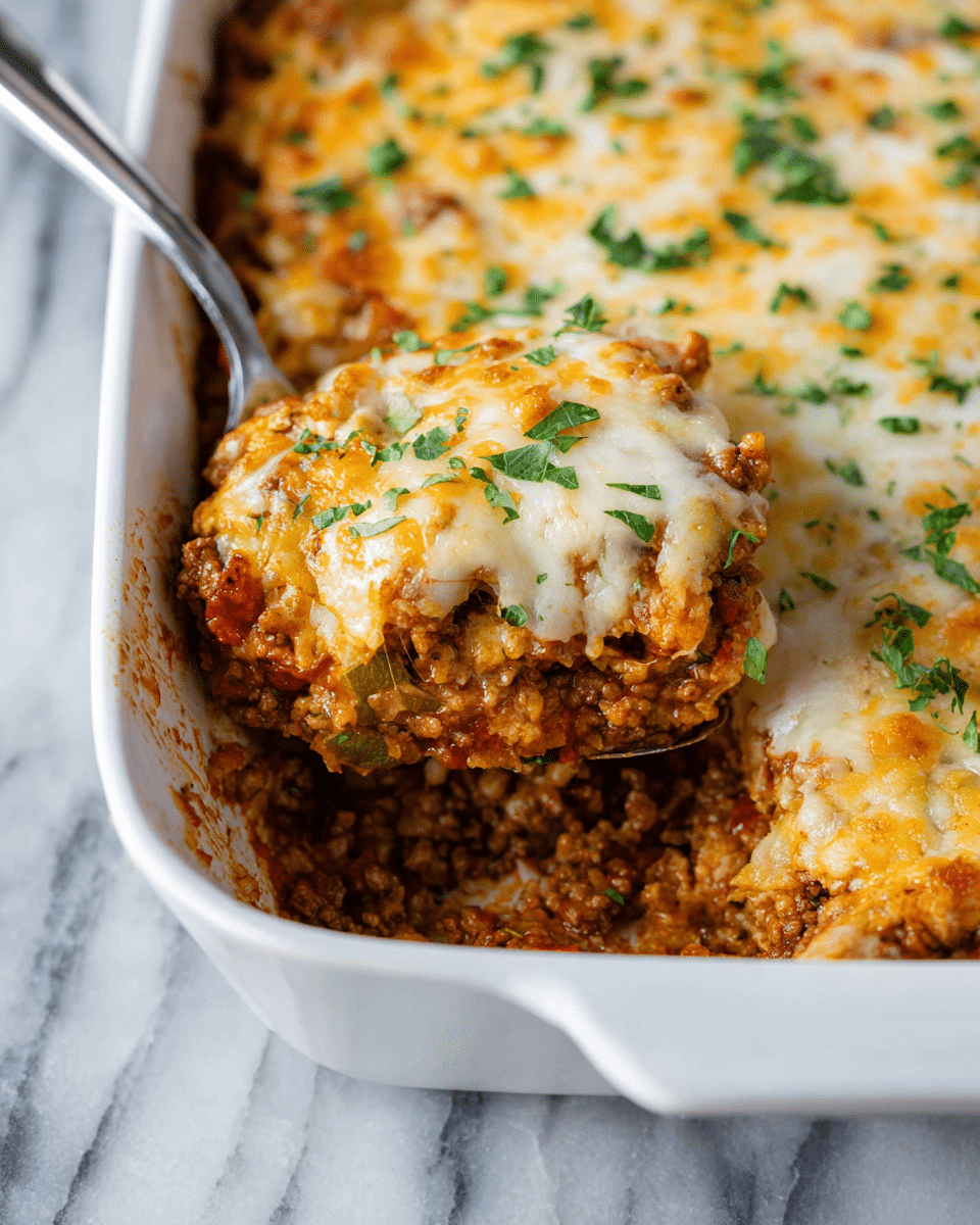 A close-up view of a white rectangular baking dish filled with a baked casserole, showing two visible layers: a bottom layer of mixed ground meat with a reddish-brown sauce and bits of vegetables, and a thick top layer of melted light golden cheese sprinkled with chopped green herbs. A spoon is scooping out a square portion, revealing the dense texture of the layers and more green herbs on top. The dish rests on a white marbled surface. photo taken with an iphone --ar 4:5 --v 7