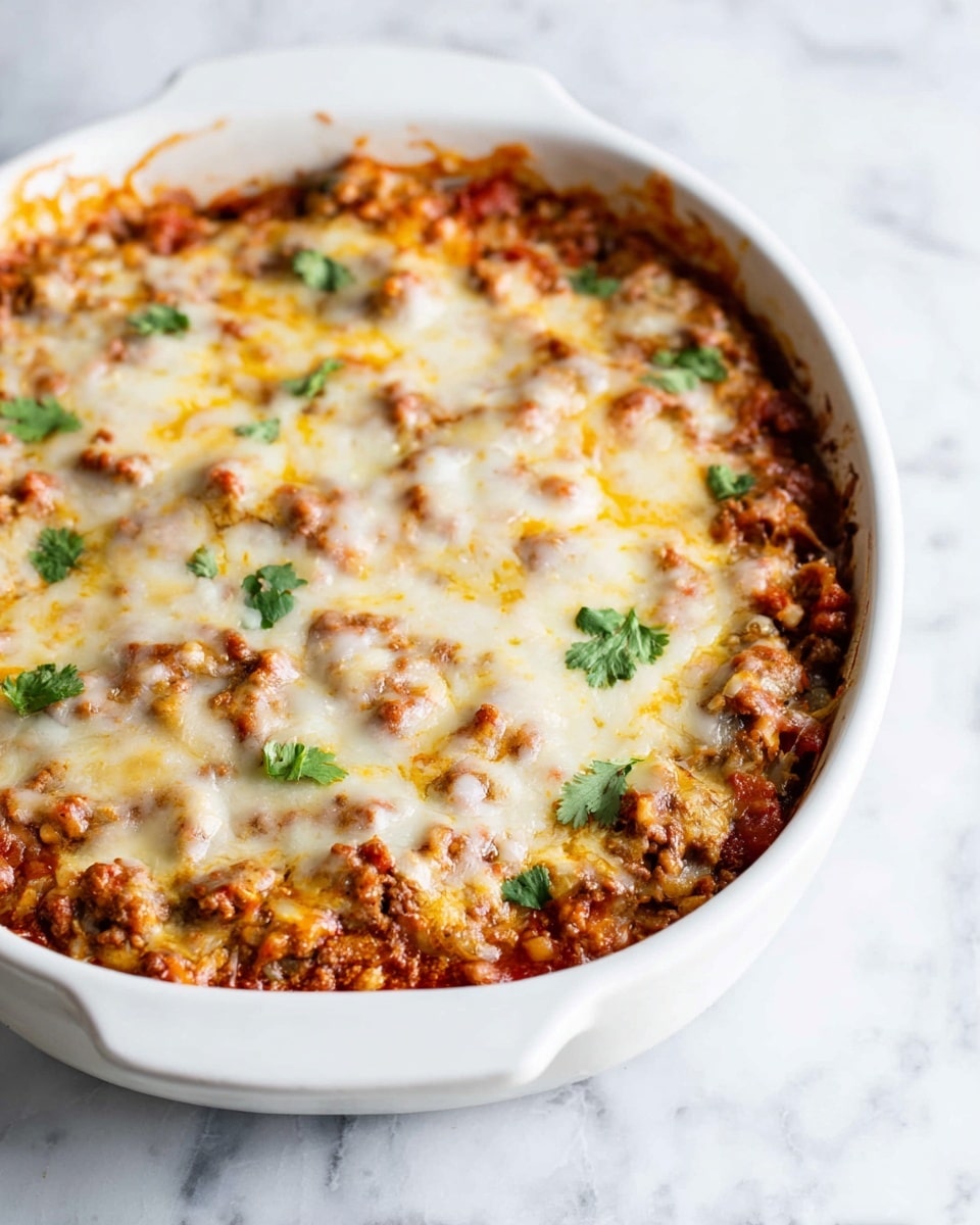 This dish is a baked casserole in a white ceramic dish with two handles, resting on a white marbled surface. The top layer is melted cheese, golden and slightly browned, scattered unevenly across the surface. Below the cheese, there is a thick layer of browned ground meat mixed with tomato sauce, showing a reddish-brown color with a soft, slightly chunky texture. Small green cilantro leaves are sprinkled on top, adding a fresh contrast. The sides of the baked dish show some caramelized bits of meat and sauce clinging to the edges. photo taken with an iphone --ar 4:5 --v 7
