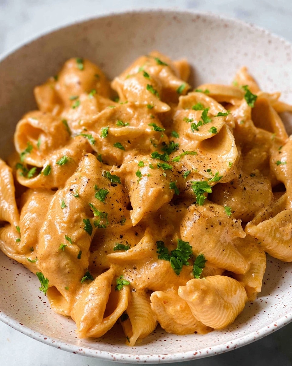 The image shows a bowl filled with shell-shaped pasta coated in a thick, creamy orange sauce. The pasta pieces are well covered and have a slightly glossy texture. Small green parsley leaves are sprinkled over the top, adding contrast to the sauce. The bowl is white with small brown speckles, sitting on a white marbled surface. The focus is close up, emphasizing the texture and creaminess of the sauce and pasta. Photo taken with an iphone --ar 4:5 --v 7