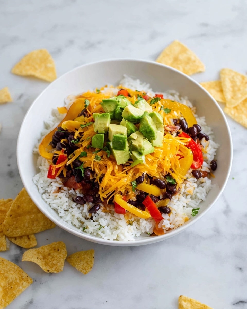 A white bowl filled with a base layer of white rice, topped with a mix of cooked black beans and sautéed yellow and red bell peppers. Over this sits a sprinkle of shredded orange cheddar cheese, and the top layer is a small pile of fresh green avocado cubes. The bowl is on a white marbled surface with a few tortilla chips scattered around. photo taken with an iphone --ar 4:5 --v 7