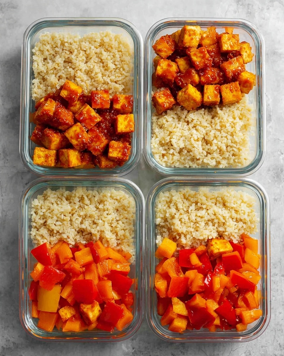 Four rectangular clear glass meal prep containers are arranged in a 2x2 grid on a white marbled surface. Each container is filled with three layers: the top half holds a light beige fluffy rice with a slightly rough texture, the bottom right quarter contains small golden-brown cubes of crispy tofu covered with a shiny reddish glaze, and the bottom left quarter has bright orange and red diced cooked bell peppers with a soft, slightly glossy look. All containers have the same three-layer pattern and vibrant colors standing out against the clear glass and white marbled background. photo taken with an iphone --ar 4:5 --v 7