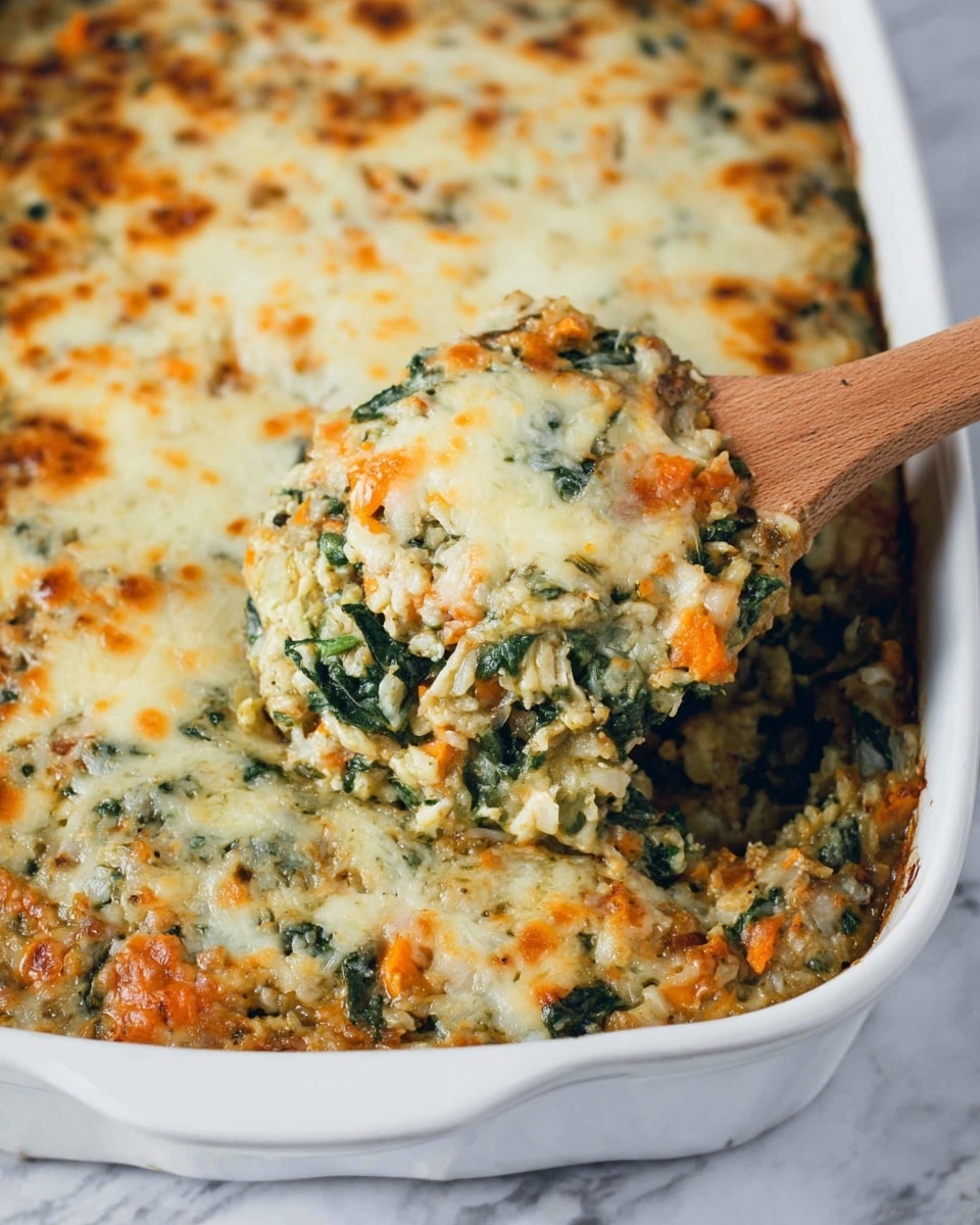 A white rectangular baking dish filled with a baked casserole that has a thick golden-brown melted cheese layer on top with some green herbs visible through the cheese. Underneath the cheese, there is a creamy mixture that includes chopped spinach and chunks of orange sweet potato, all combined with a soft, grainy texture that looks like rice or quinoa. A wooden spoon scoops out a portion from the corner, showing the three layers: the melted cheese on top, a creamy spinach and sweet potato middle, and a soft grain base at the bottom. The dish sits on a white marbled surface. photo taken with an iphone --ar 4:5 --v 7