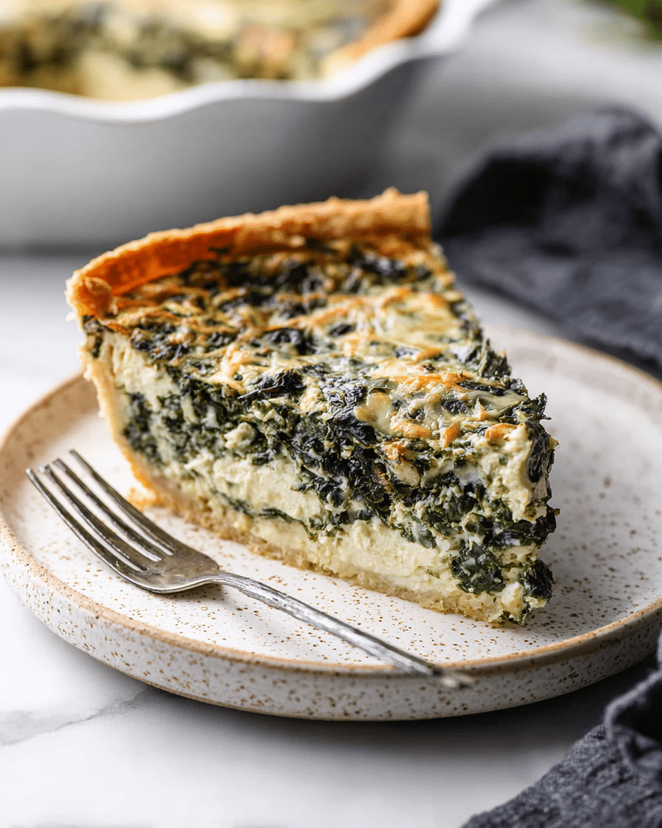 A slice of spinach quiche sits on a white speckled plate with a silver fork resting in front of it. The quiche has a golden crust that forms the bottom and edges, enclosing three distinct layers inside. The bottom layer is dense and creamy with light beige color mixed with dark green spinach leaves. The middle layer is thicker with more evenly mixed spinach and cheese, creating a textured green and creamy white look. The top layer is a slightly golden baked cheese and spinach mix with a rough surface showing melted cheese strands and leafy greens. In the background, there is a blurred white bowl with more quiche and a dark cloth, all arranged on a white marbled surface. photo taken with an iphone --ar 4:5 --v 7