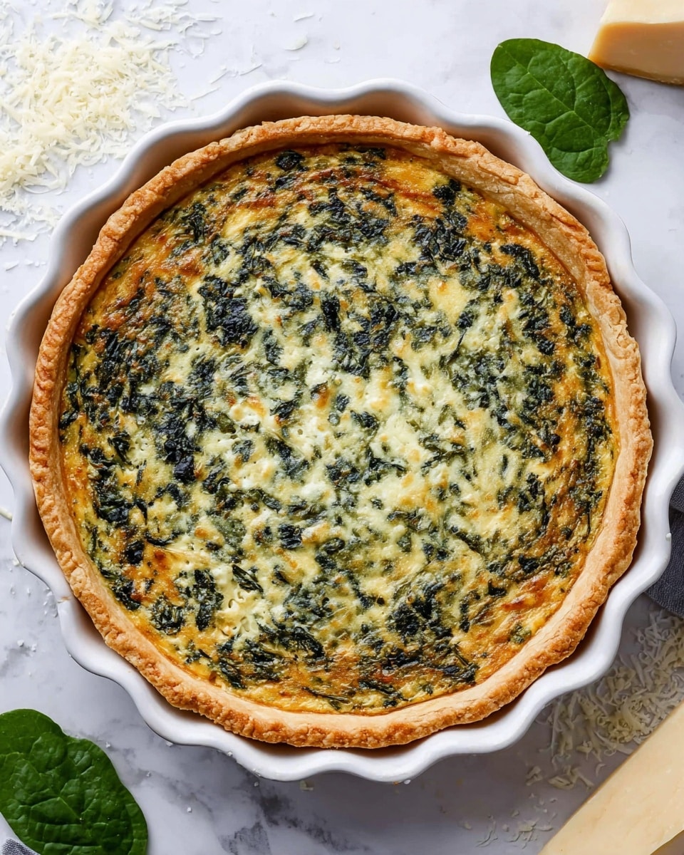 A round spinach quiche with a golden brown crust sits in a white ceramic dish with wavy edges. The quiche has two main visible layers: the outer crust which is smooth, firm, and lightly browned, and the filling, which is a mix of chopped dark green spinach and creamy, slightly bubbly pale yellow cheese and egg mixture, creating a marbled texture. The quiche is whole, with no slices taken out. It is placed on a white marbled surface with scattered grated cheese and two wedges of hard cheese nearby, along with fresh spinach leaves around the dish. Photo taken with an iphone --ar 4:5 --v 7