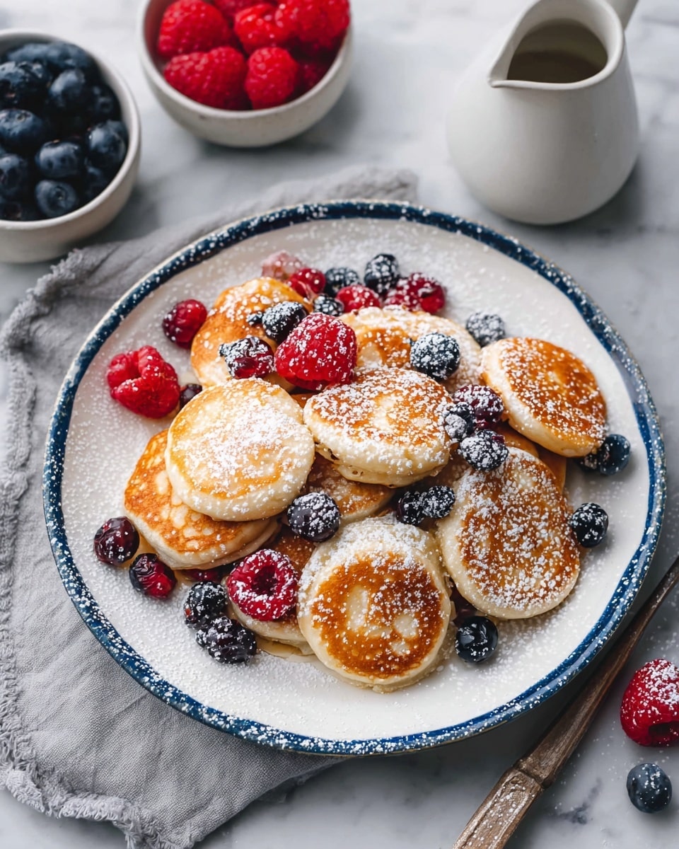 A white plate with a blue rim holds about three layers of small, round, golden brown mini pancakes scattered across the surface. These pancakes have a slightly crispy texture on top, with some showing smooth edges and others slightly puffed. Mixed among the pancakes are fresh red raspberries and dark blue blueberries, adding bright spots of color. The entire dish is lightly dusted with white powdered sugar. The plate sits on a folded grey cloth on a white marbled surface. Nearby, a small white jug and a small bowl filled with raspberries and blueberries are partly visible. Photo taken with an iphone --ar 4:5 --v 7