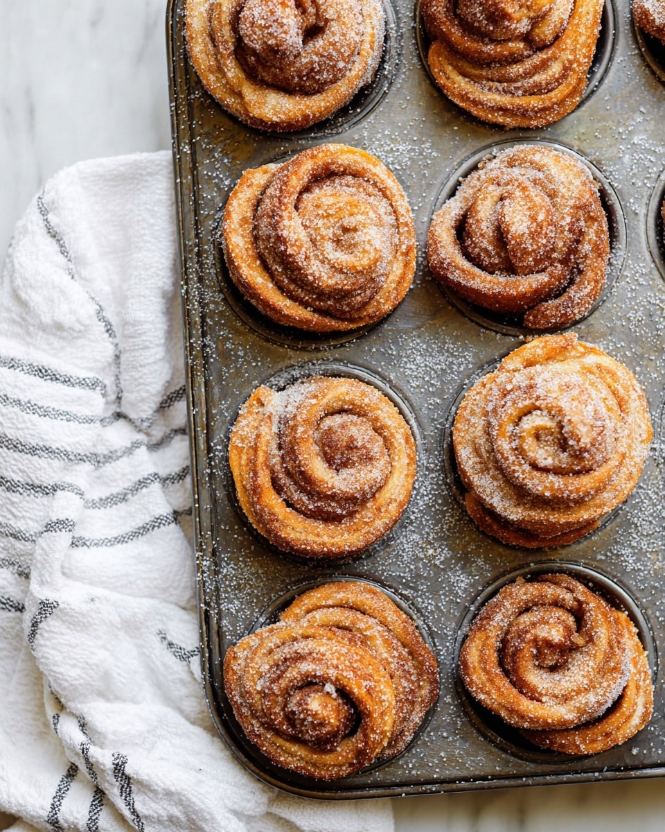The image shows a metal muffin tray with eight cinnamon rolls arranged inside each cup. Each cinnamon roll has multiple visible spiraled layers of dough coated with a golden brown color and dusted generously with white sugar crystals, giving them a sugary texture on top. The rolls have a slightly rough surface and appear soft and fluffy with cracks revealing the cinnamon filling inside the swirls. The tray is placed on a white marbled texture, and a white cloth with thin gray stripes is partially visible on the left side. The entire scene is captured with soft daylight, highlighting the warm tones of the cinnamon rolls. photo taken with an iphone --ar 4:5 --v 7