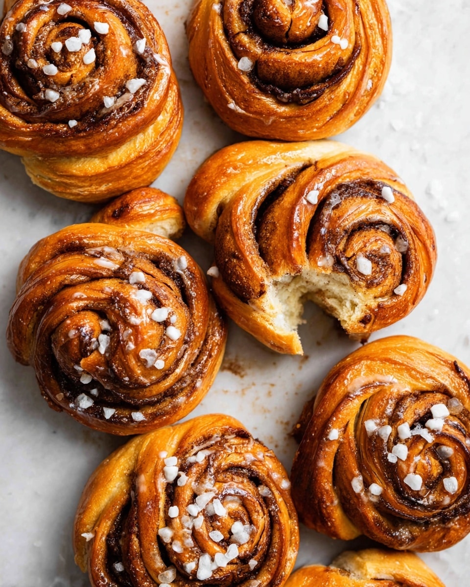 The image shows seven cinnamon rolls placed on a white marbled surface. Each roll has multiple twisted layers of golden brown dough with visible dark brown cinnamon filling swirling through them in a spiral pattern. The rolls have a shiny glaze on top, making them look moist and fresh. Scattered across the cinnamon rolls are small white sugar crystals that add texture and contrast. One cinnamon roll near the center has a bite taken out of it, revealing soft, fluffy beige inside layers. The arrangement is close together in a casual, inviting way. photo taken with an iphone --ar 4:5 --v 7