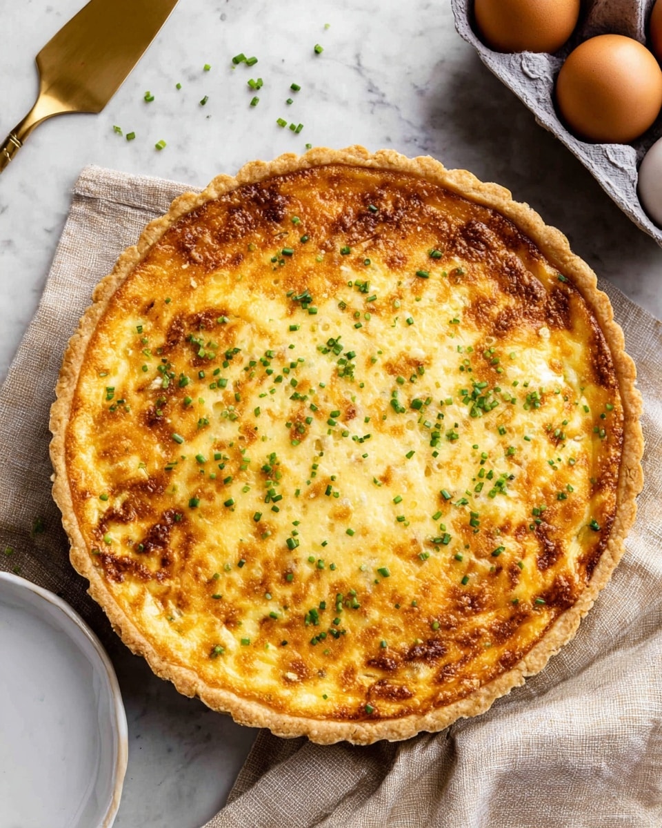 A round quiche with a golden-brown crust and a smooth, slightly browned top layer filled with melted cheese and bits of cooked onion, lightly sprinkled with chopped green onions. The crust is crumbly and firm, holding the creamy, yellow-orange cheese filling. The quiche rests on a white marbled surface with a beige and white linen next to it, a gold and white cake server above on the left, and two brown eggs in a gray carton above on the right. Photo taken with an iphone --ar 4:5 --v 7