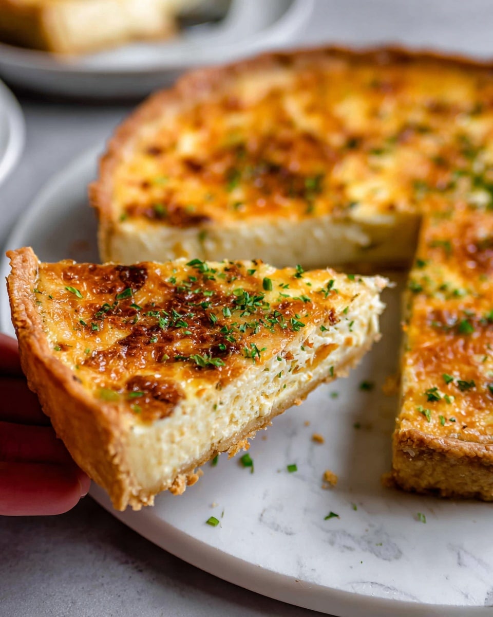 The image shows a close-up of a golden brown quiche with three visible layers: a crisp, light golden crust at the bottom, a creamy, pale yellow egg and cheese filling in the middle, and a golden baked cheese layer on top with small green chopped herbs scattered evenly. One slice is held slightly above a white plate with a white marbled texture underneath. The edges of the crust are slightly fluted and the top layer is dotted with browned spots and green herbs, giving a textured and inviting look. Photo taken with an iphone --ar 4:5 --v 7