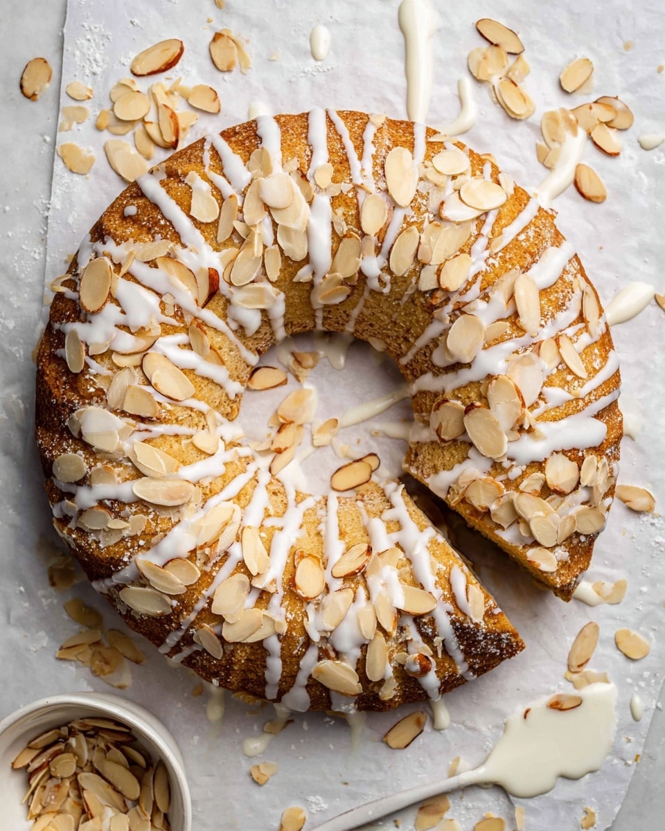 A round, ring-shaped cake with a golden-brown, slightly rough texture, drizzled with white icing in uneven lines covering the entire top surface. Thin, sliced almond pieces are scattered generously over the icing, some overlapping the edges of the cake. The cake is placed on a flat white marbled surface with additional almond slices in a small white bowl nearby. There are drops and splashes of white icing around the cake on the surface, adding a casual, fresh-baked look. photo taken with an iphone --ar 4:5 --v 7